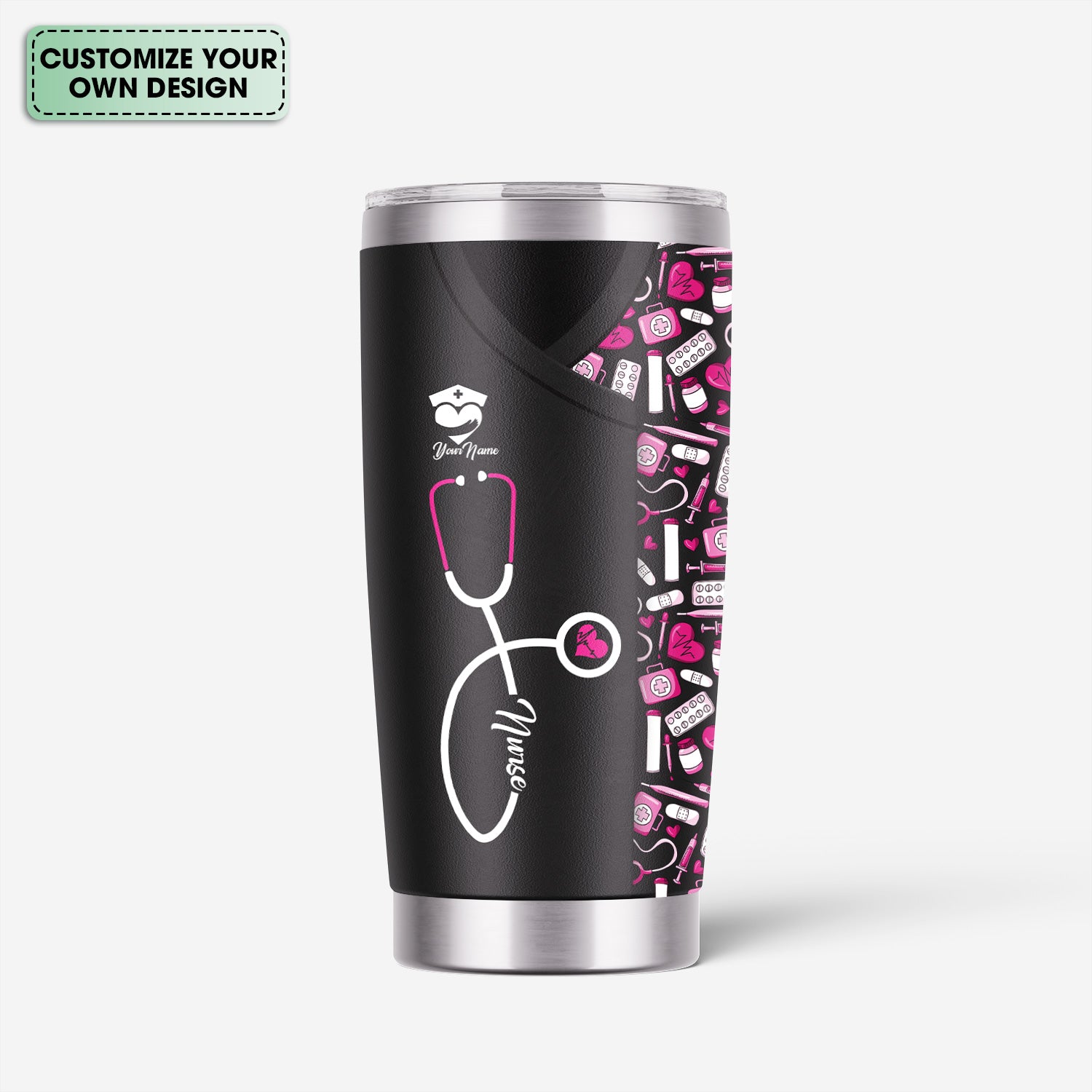 Funny Nurse Tumbler - Stethoscope & Medical Icons Design - Customizable Text Gift for Healthcare Workers, Nurses, LPN, CNA