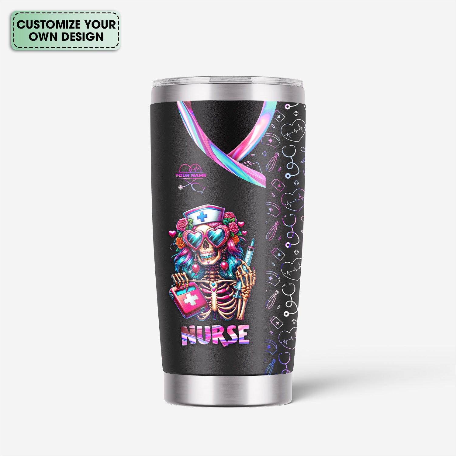 Custom Funny Skeleton Nurse Tumbler - Neon Skull with Heart Glasses & Syringe Design - Personalized Gift for RN LPN CNA