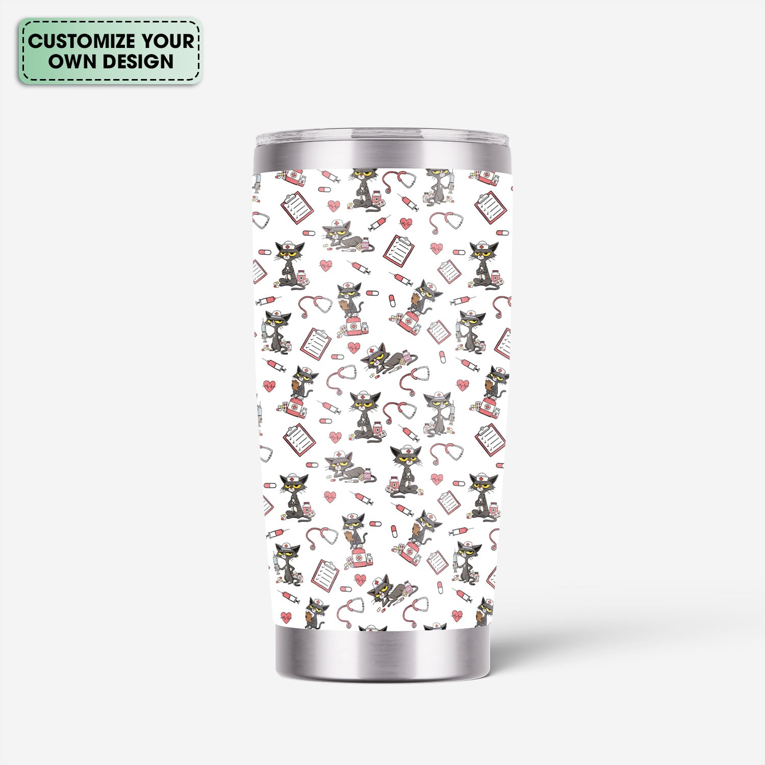 Funny Nurse Tumbler with Black Cat - Personalized 20oz Stainless Steel Cup - Gift for RN, CNA, LPN, Medical Staff