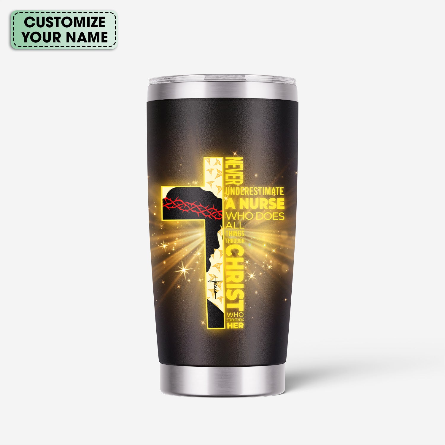 Personalized Christian Nurse Tumbler - Jesus Cross & Stethoscope with Butterflies - Custom Name Gift for Women RN LPN