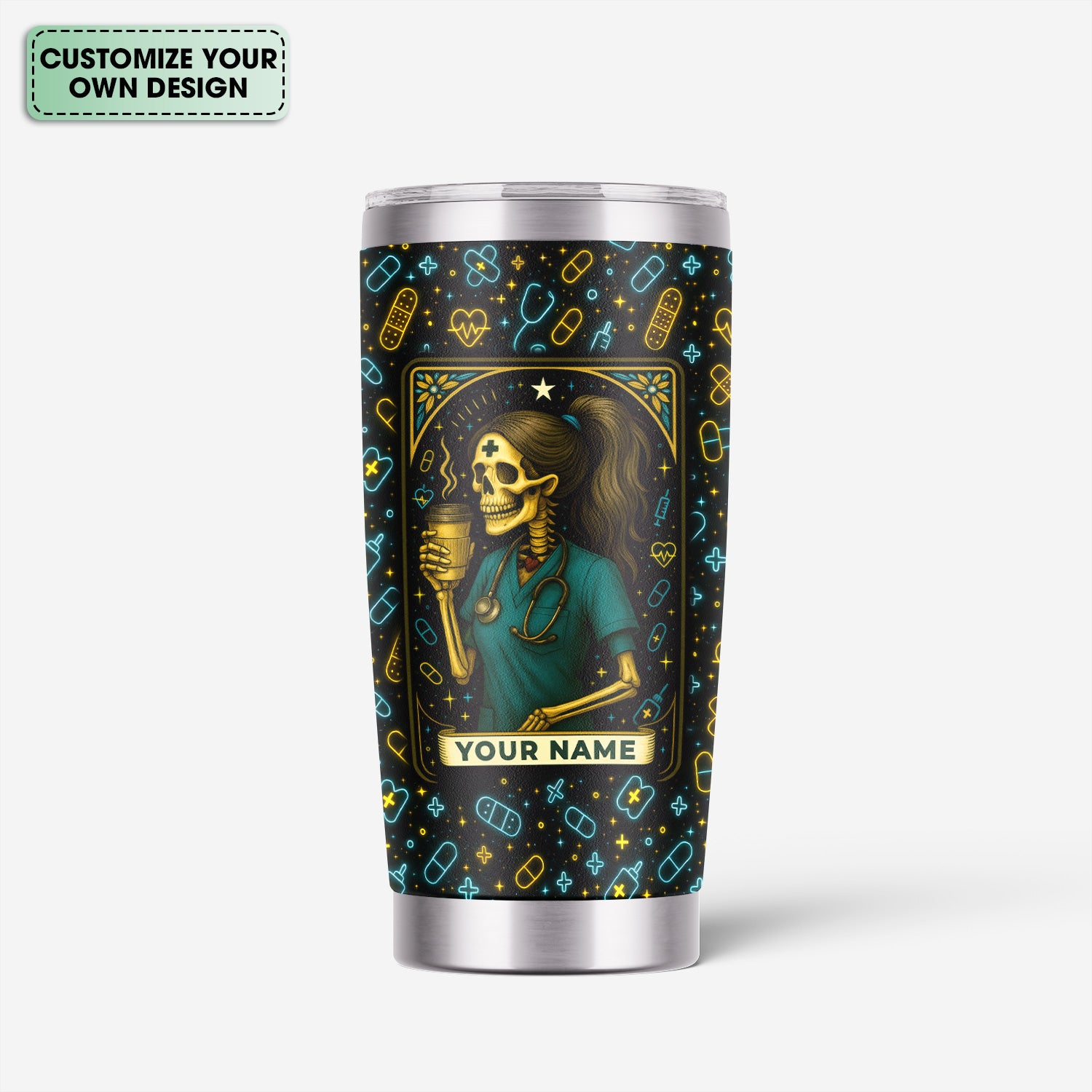 Funny Skeleton Nurse Tumbler - Personalized Coffee Cup for RN CNA LPN - Halloween Neon Design with Custom Name