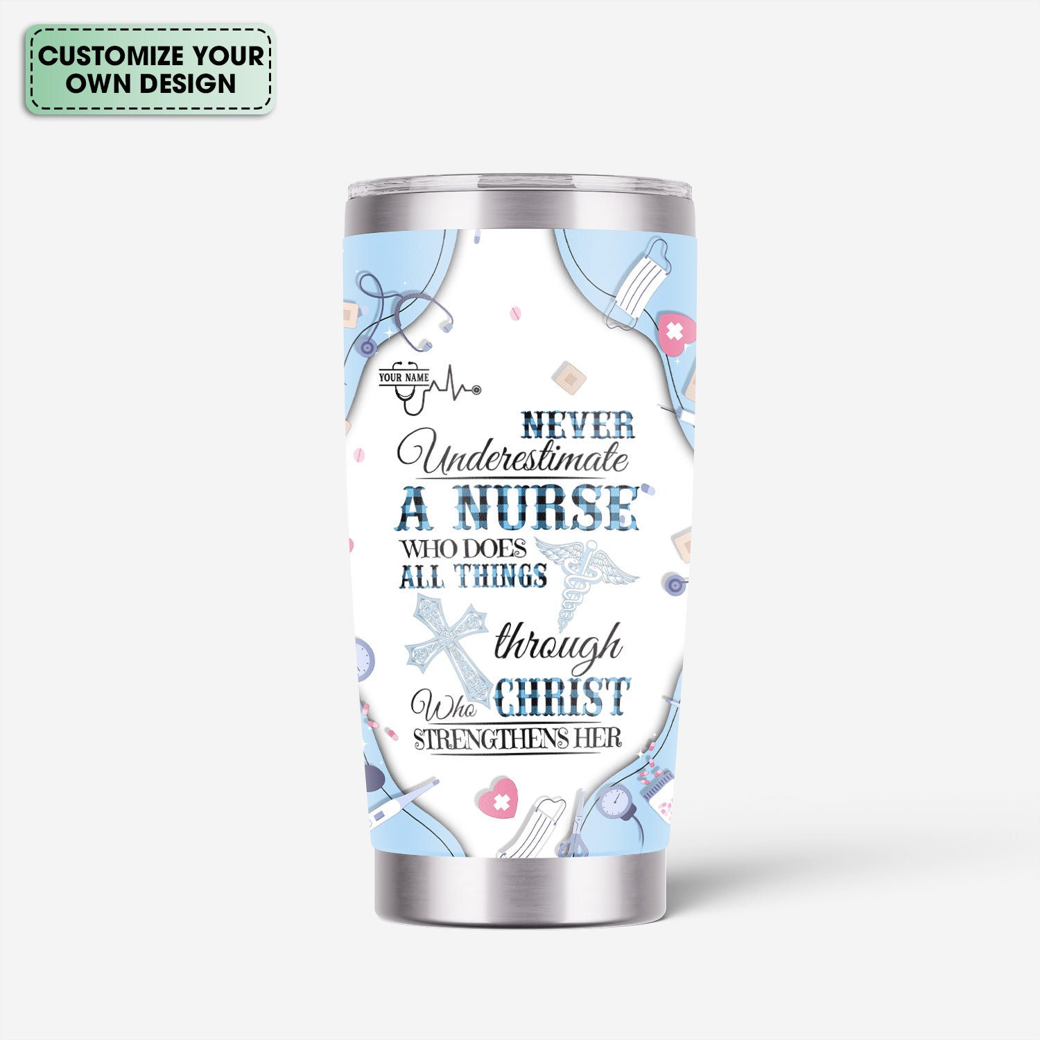 Personalized Christian Nurse Tumbler for RN LPN CNA - Custom Name All Things Through Christ Quote - Faith Medical Gift for Healthcare Workers
