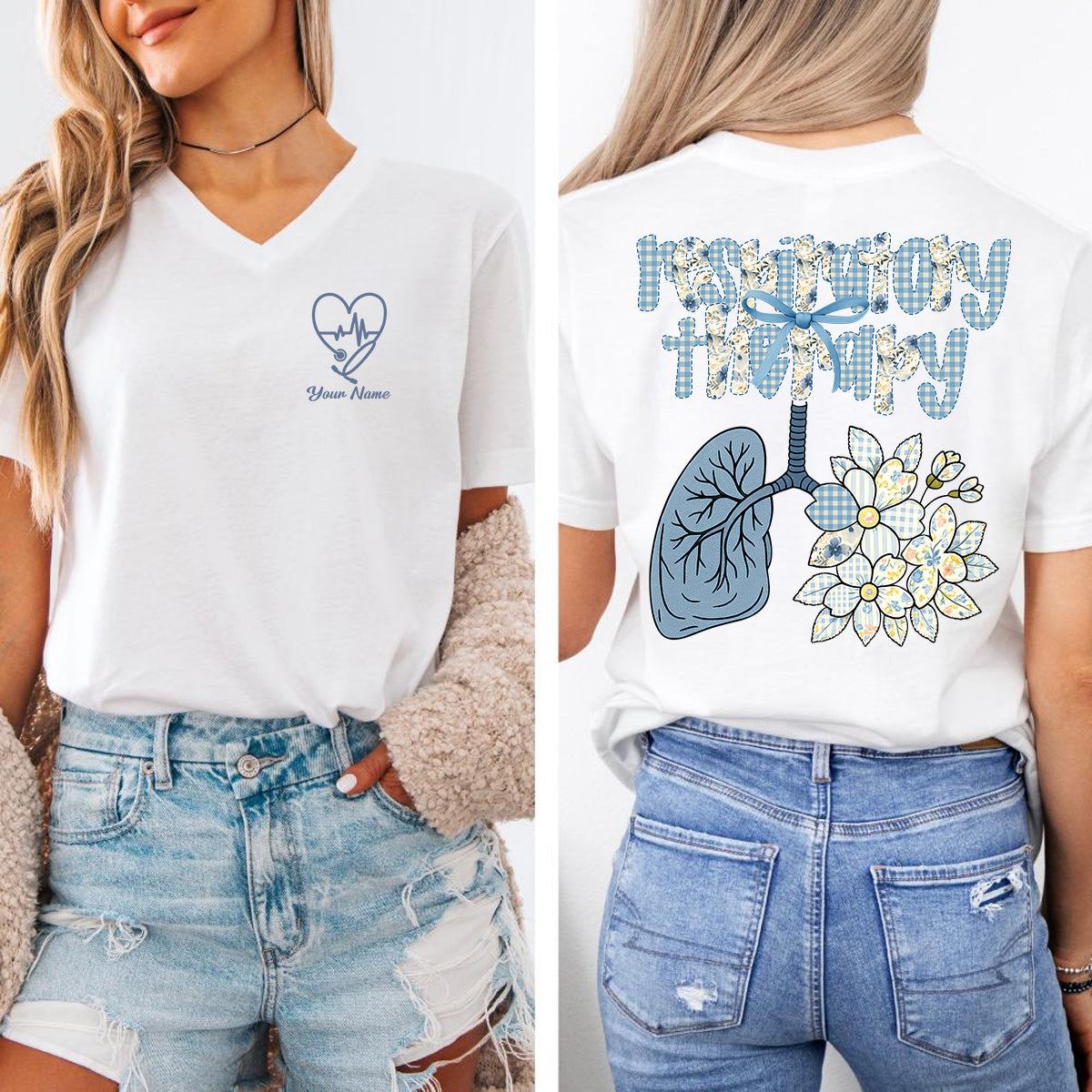 Custom Respiratory Therapy Nurse T-Shirt – Cute Lung Floral Design – Appreciation Gift for Women Medical Staff Healthcare Worker