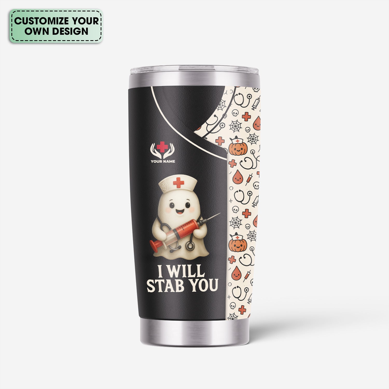 Funny Personalized Halloween Nurse Tumbler - I Will Stab You Quote with Syringe - Custom Name Gift for  RN LPN CNA Healthcare Workers