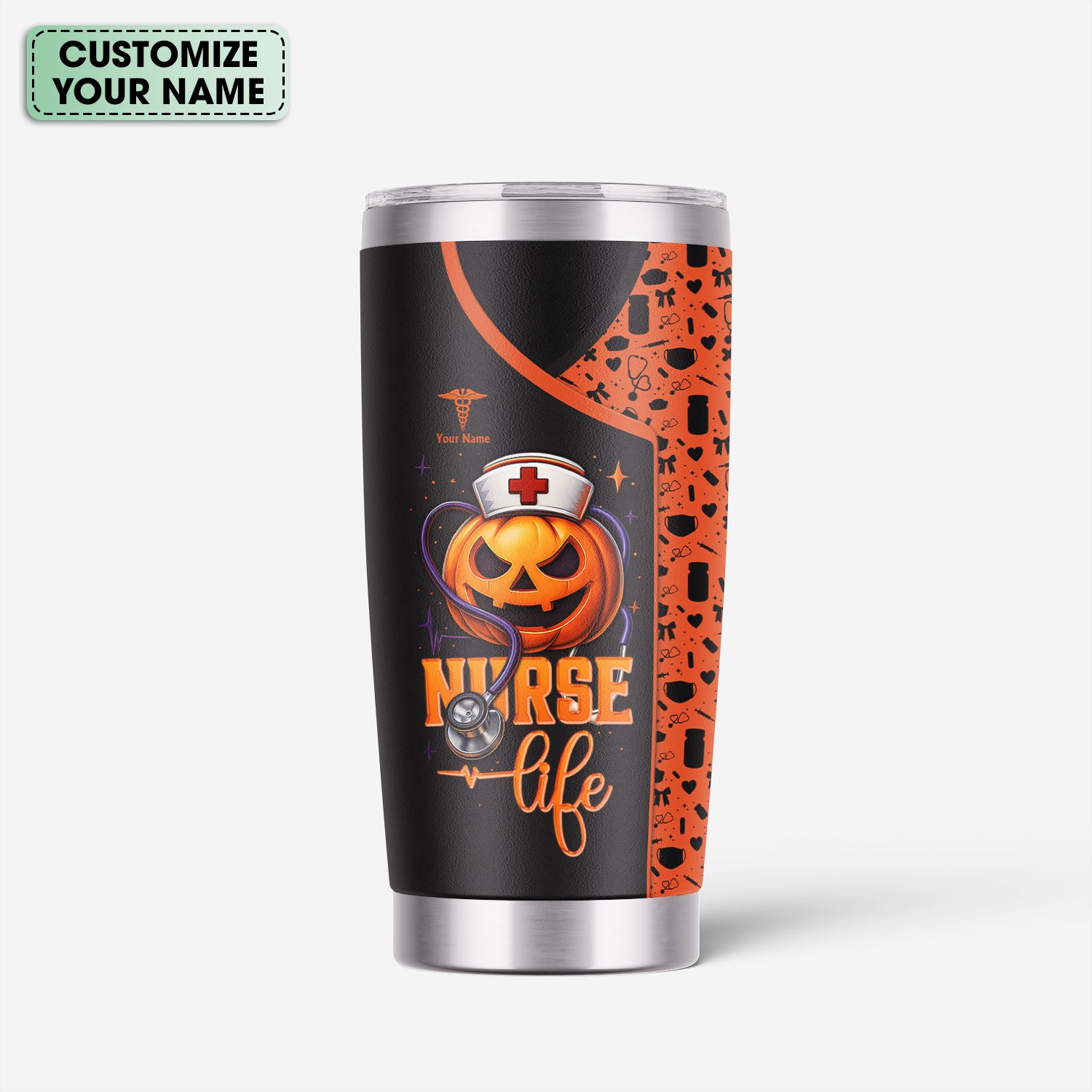 Custom Halloween Nurse Tumbler - Funny Pumpkin Pain Scale Medical Design - Gift for RN, CNA, LPN Healthcare Worker