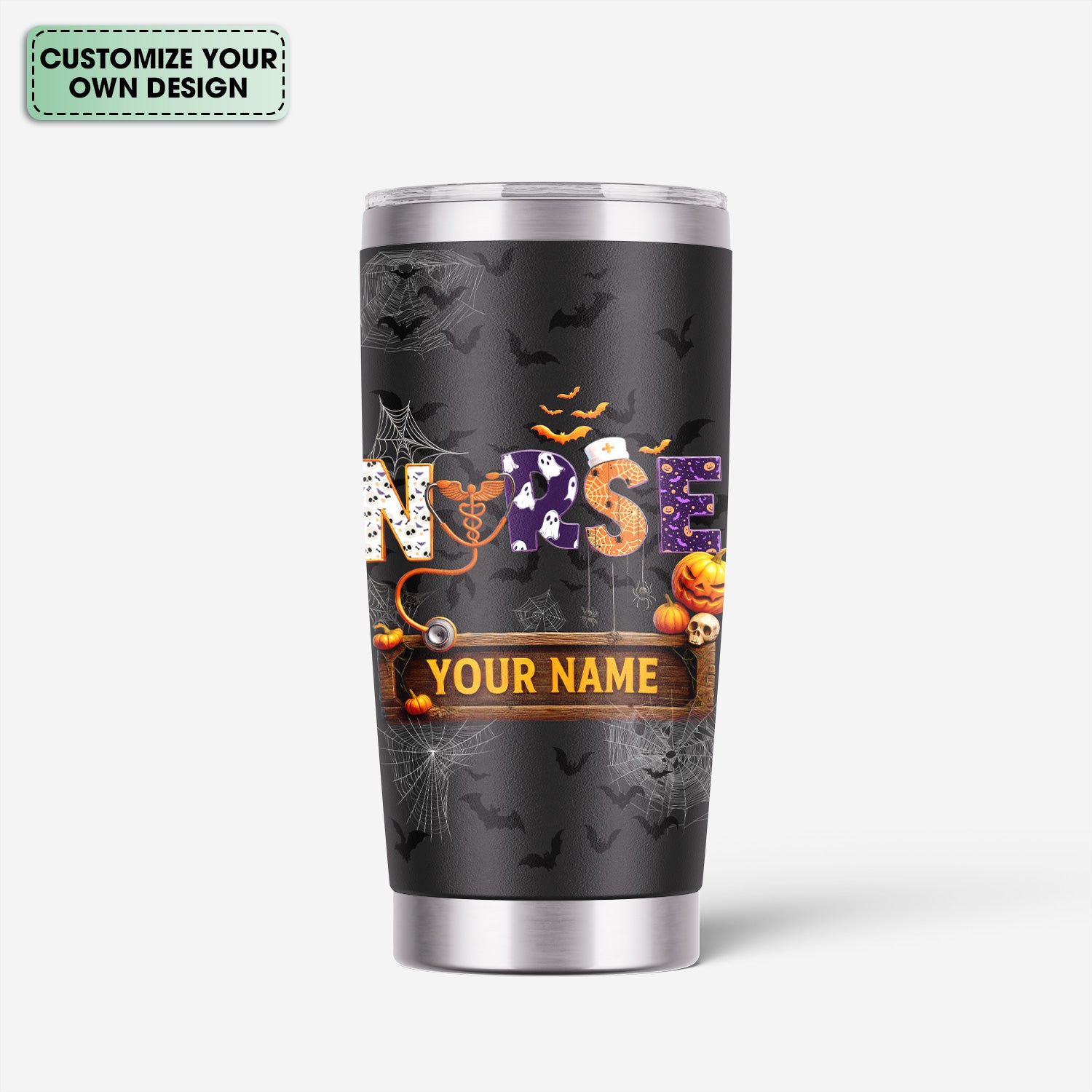 Funny Halloween Nurse Tumbler - Personalized Name & Stethoscope Design - Spooky 'Nurse' with Pumpkins and Bats - Ideal for RN, CNA, LPN Healthcare Workers