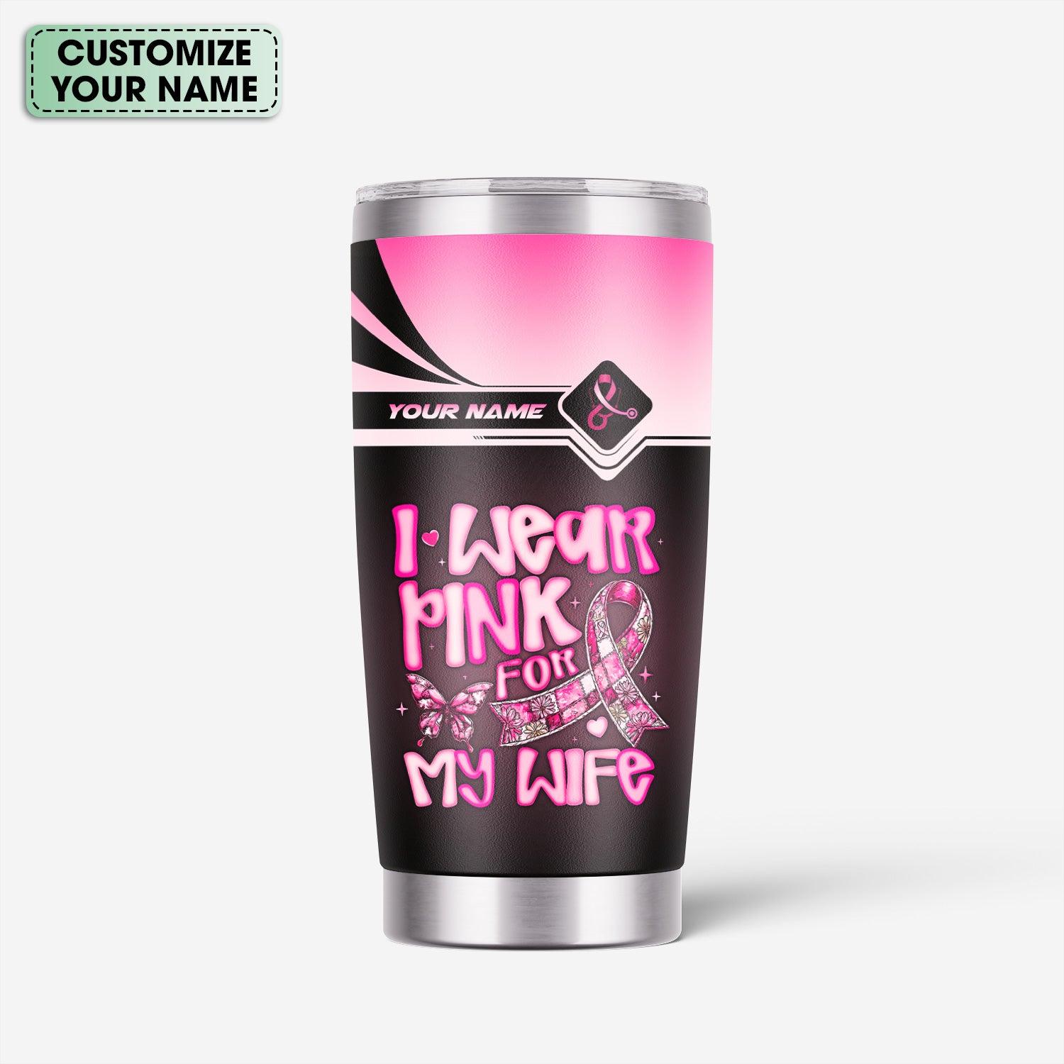 Personalized Breast Cancer Awareness Tumbler - Pink Ribbon Stainless Steel Cup - Gift for RN LPN CNA