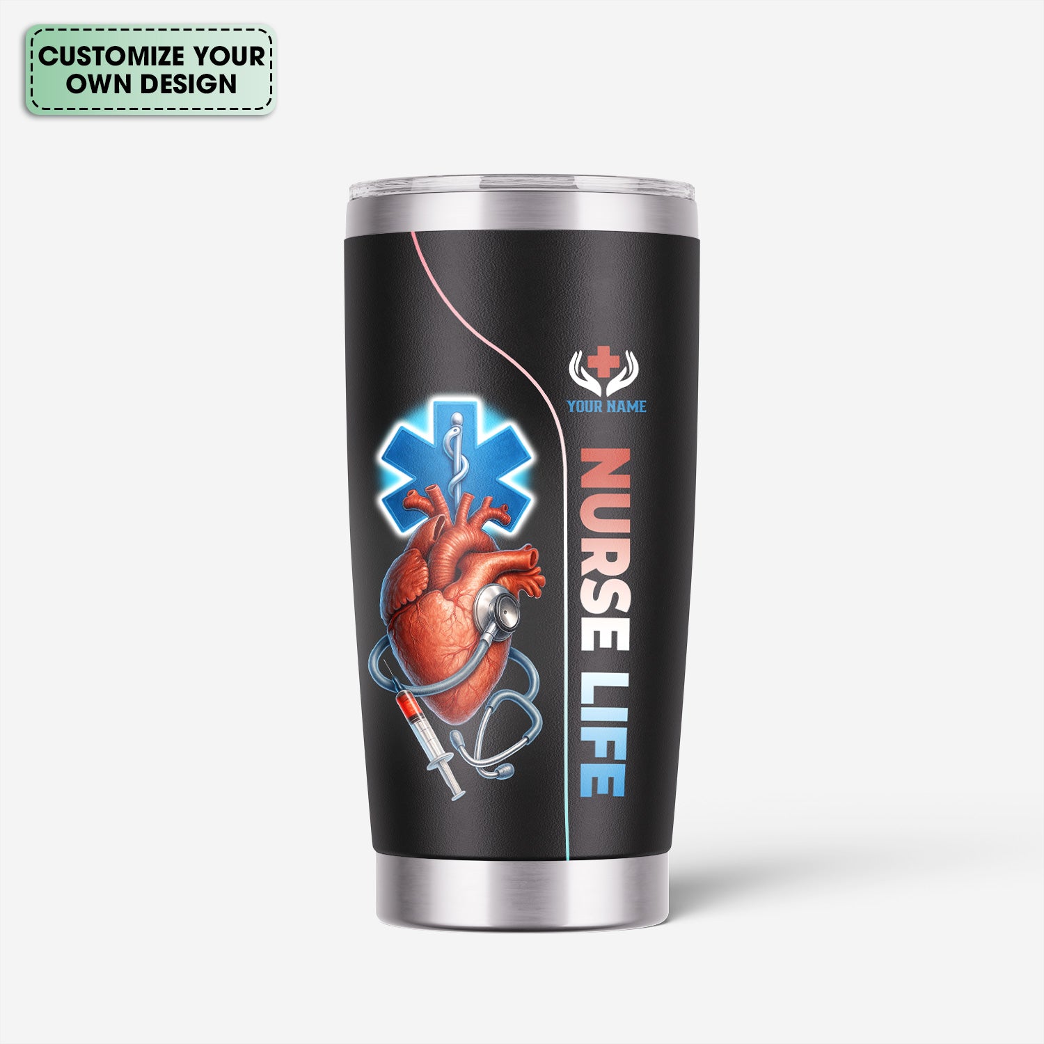 Custom Name Nurse Tumbler - Realistic Heart with Syringe & Caduceus Symbol - Medical Gift for Healthcare Worker