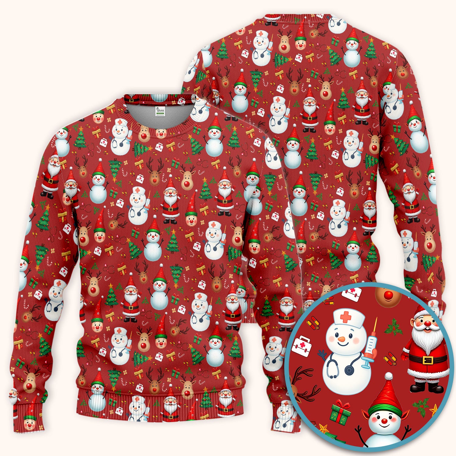 Christmas Nurse Scrub Set - Cute Snowman Santa Reindeer Pattern Medical Uniform - Festive Holiday Scrubs Pants and V Neck Top