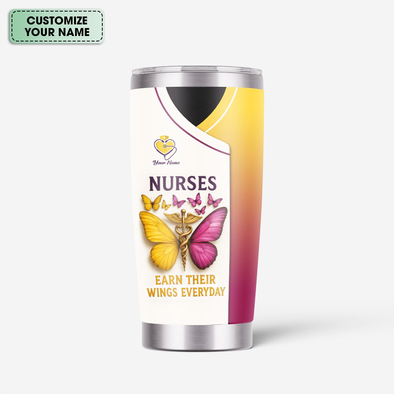 Personalized Nurse Tumbler - Butterfly Wings Everyday Design - Custom Name Gift for RN LPN CNA Women Healthcare Workers