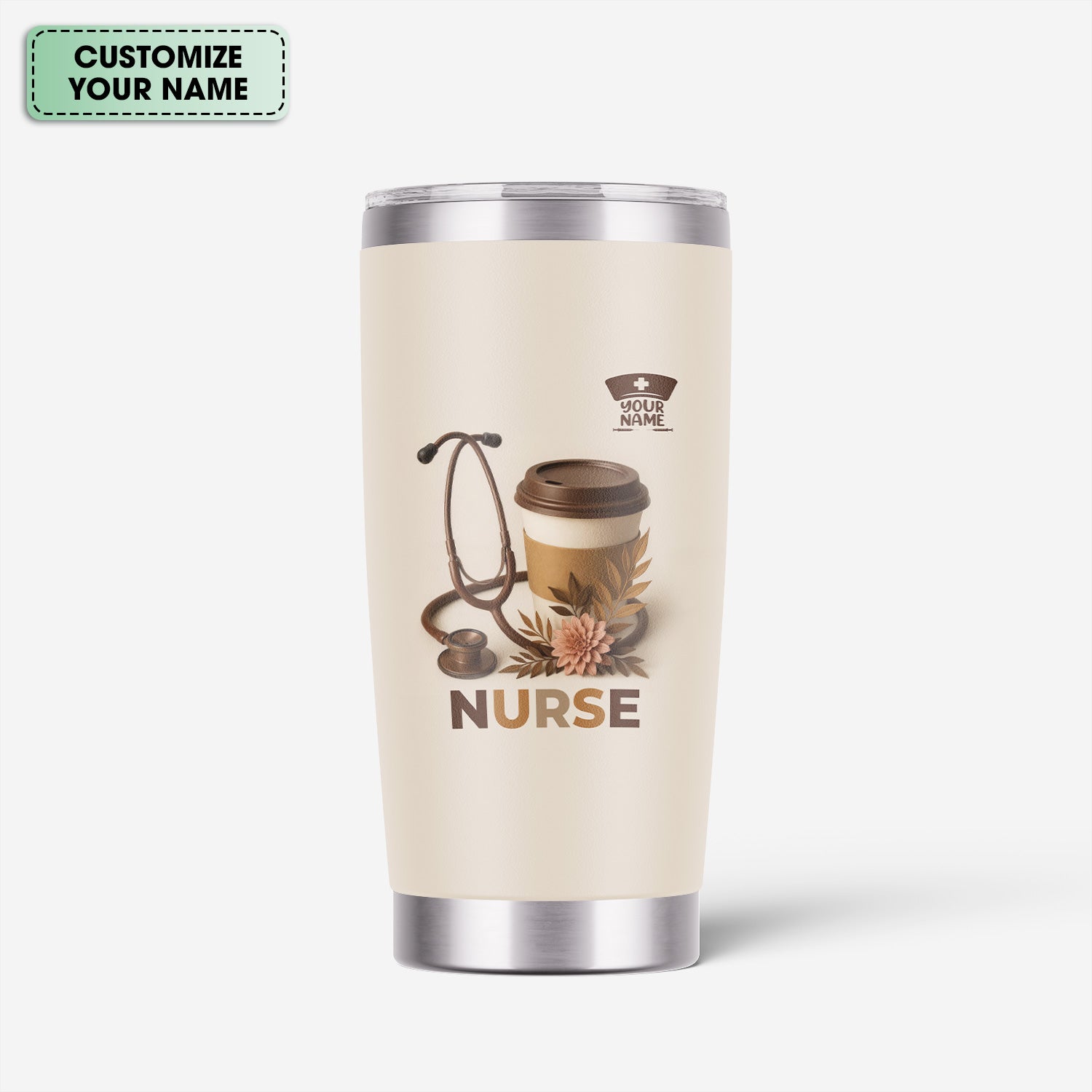 Personalized Nurse Coffee Tumbler - Stethoscope Floral Beige Design - Gift for RN LPN CNA Women