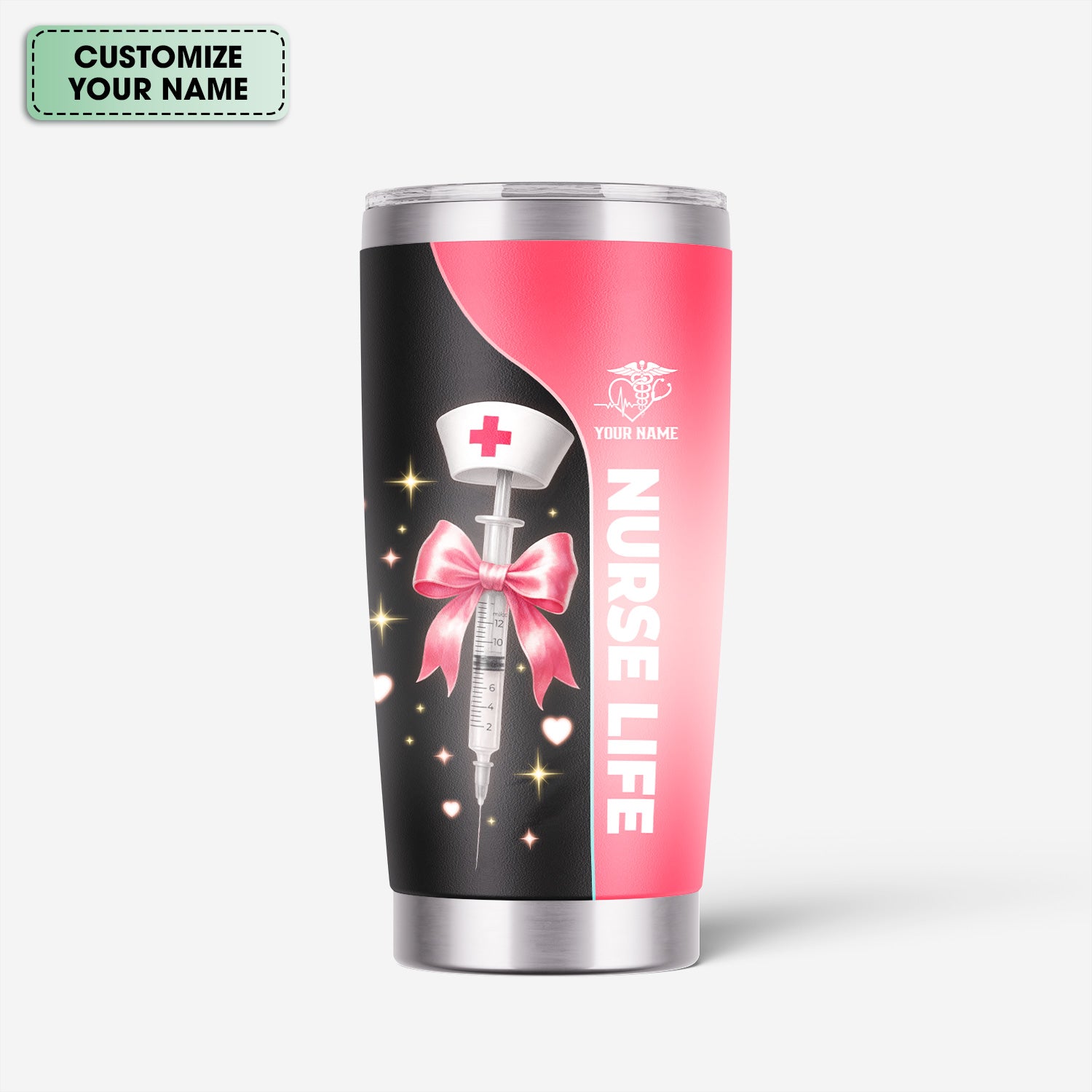 Personalized Nurse Tumbler with Name - Pink Syringe Bow Design for Women RN CNA LPN - Cute Medical Appreciation Cup for Nurse Graduation or Birthday Gift