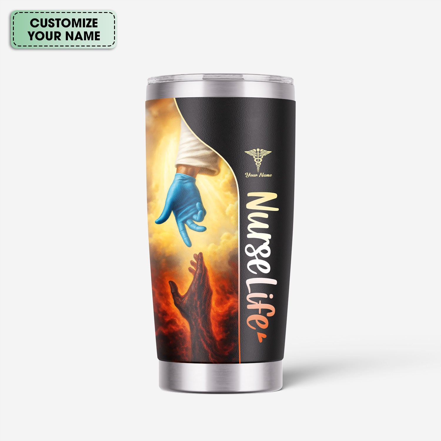 Christian Nurse Stainless Tumbler with Name - God’s Hand Reaching Design - Inspirational Gift for Faithful RN LPN CNA Women in Healthcare