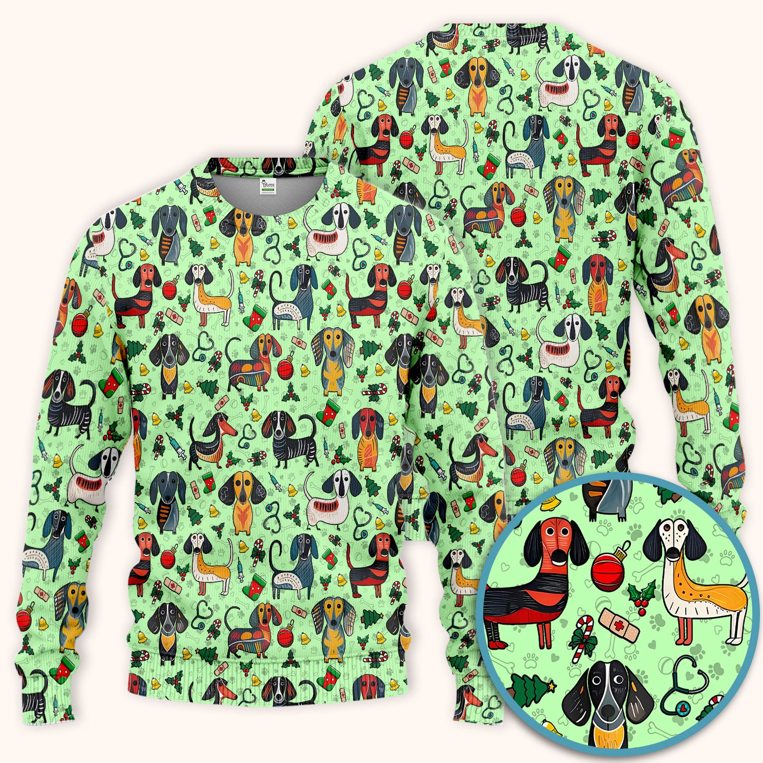 Dachshund Christmas Scrub Set - Cute Wiener Dog Pants and V Neck Top - Holiday Medical Uniform