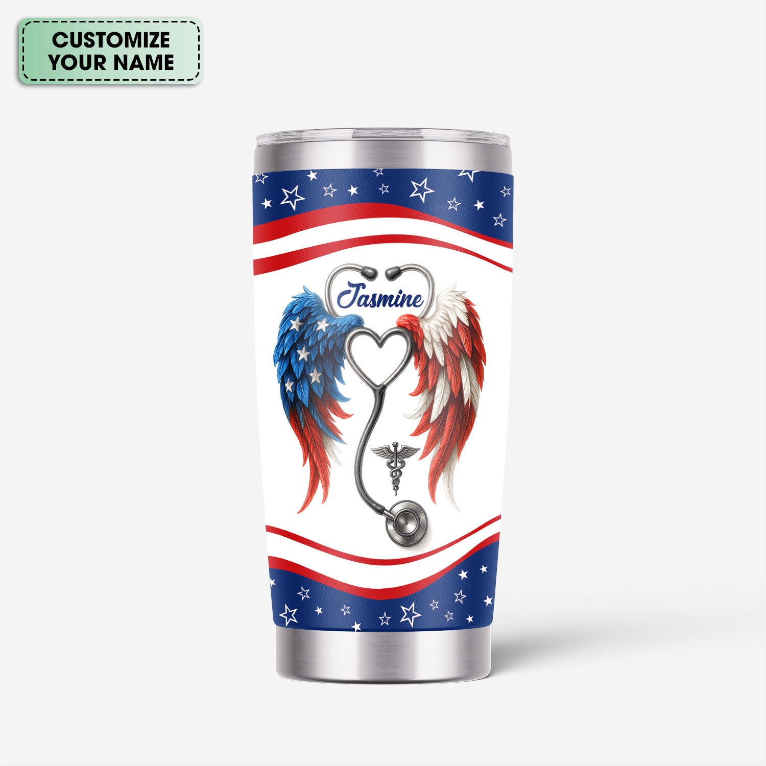 Personalized Nurse Tumbler - American Flag Angel Wings Stethoscope - The Wings Came With The Scrubs Gift