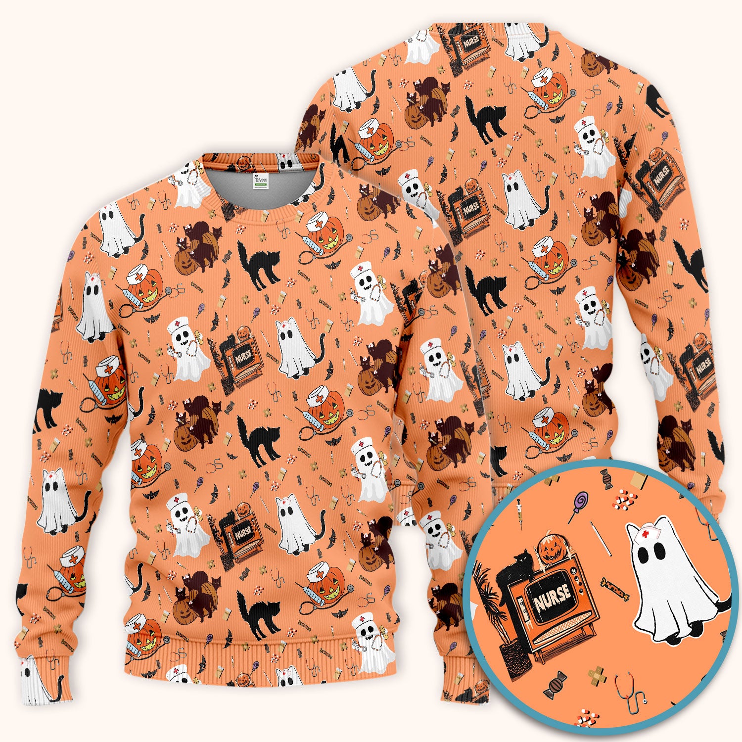 Halloween Scrub Set for Nurse - Cute Pumpkin Ghost Cat Medical Pants and V Neck Top - Spooky Uniform for Women RN CNA LPN