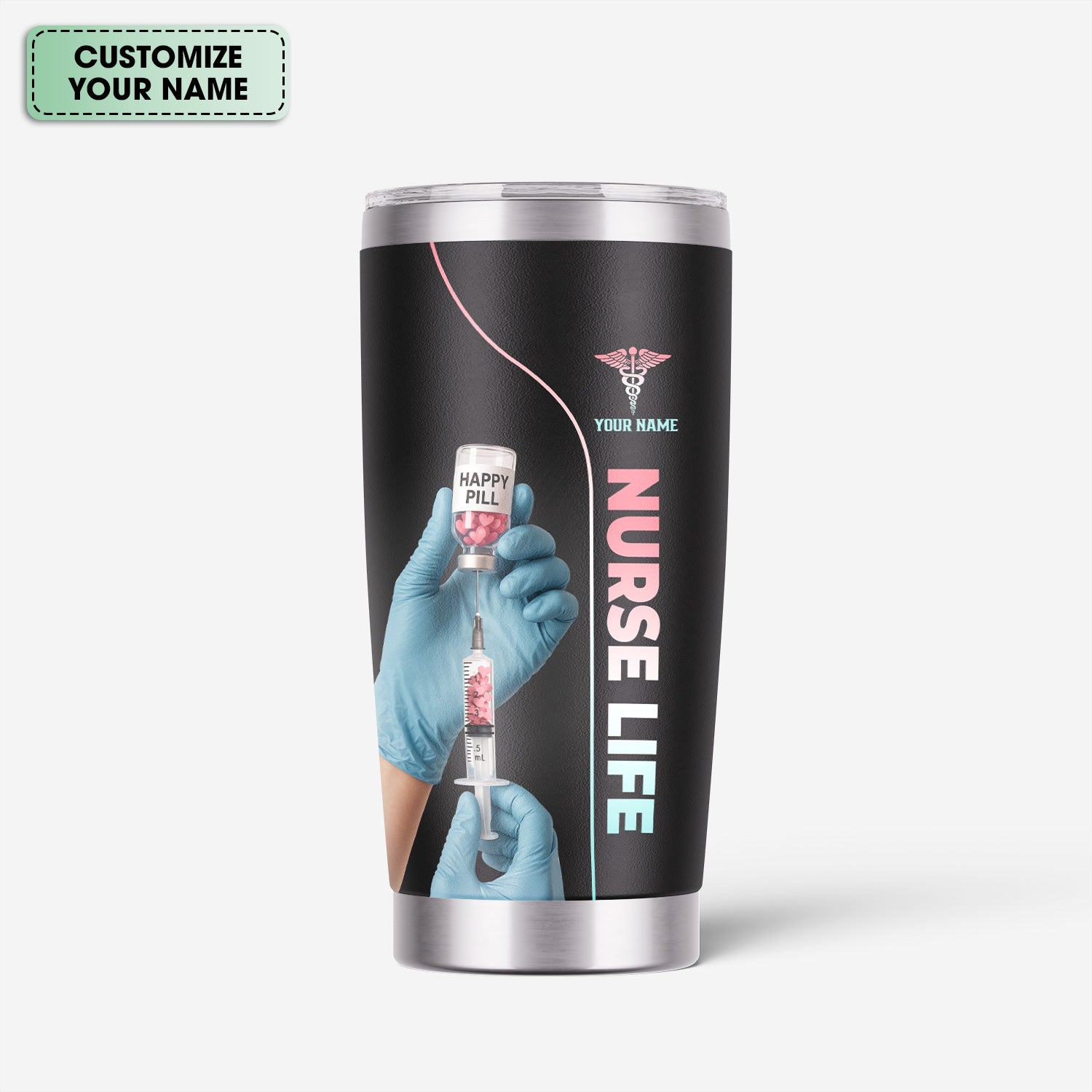 Personalized Nurse Tumbler with Name - Funny Happy Pill Design - Stainless Steel Insulated Cup - Gift for RN CNA LPN Women