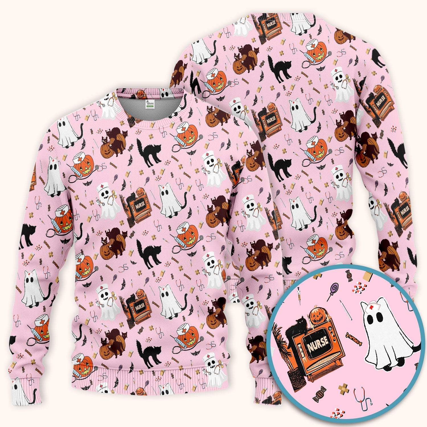 Halloween Scrub Set for Nurse - Cute Pumpkin Ghost Cat Medical Pants and V Neck Top - Spooky Uniform for Women RN CNA LPN