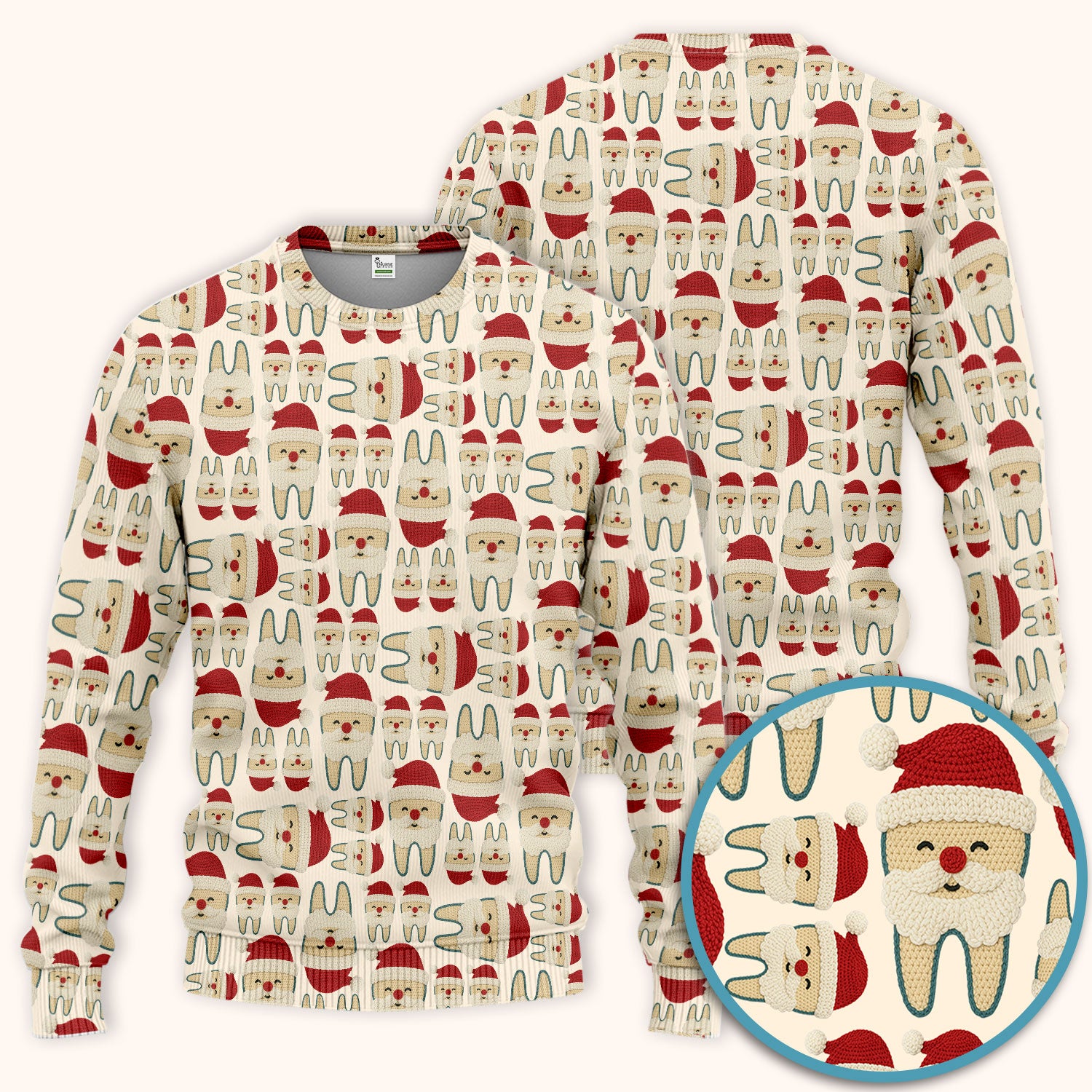 Christmas Tooth Scrub Set - Cute Santa Tooth Pattern for Dentists & Hygienists - Crochet Style Holiday Medical Uniform for Women