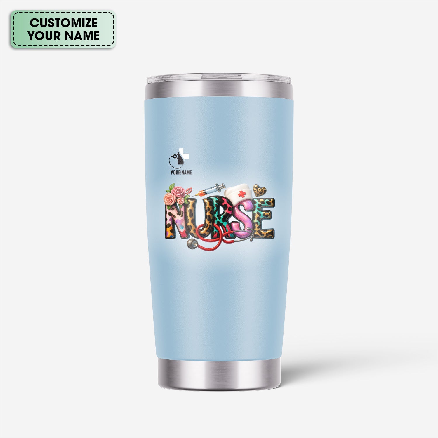 Custom Name Nurse Tumbler - Cute Leopard Lettering and Stethoscope Design - Gift for Registered Nurses CNA RN LPN - Stainless Steel Travel Mug for Healthcare Heroes
