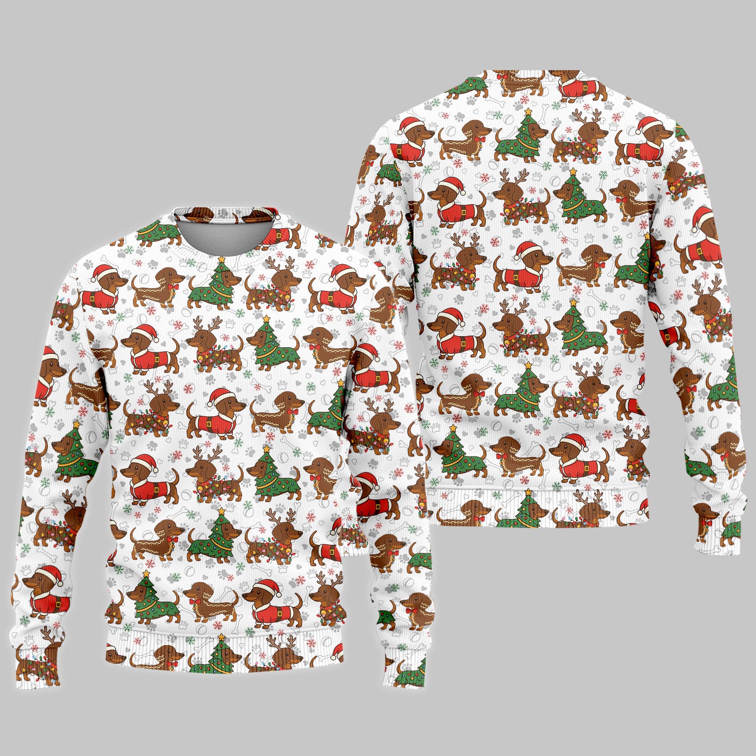 Christmas Weenie Dog Scrub Sets - Xmas Dachshund Scrub Pants - Cute Sausage Puppy V Neck Top - Ugly Sweater for Pet Lover