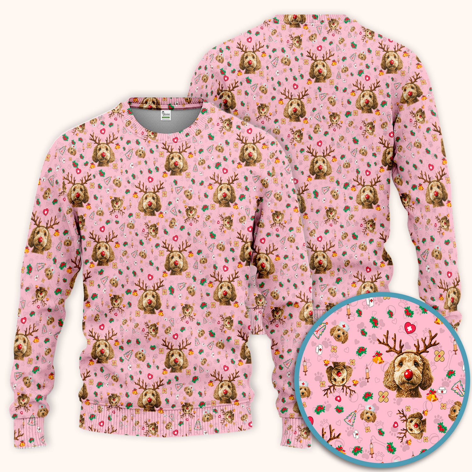 Christmas Labradoodle Scrub Set - Funny Reindeer Dog Nurse Pants and V Neck Top - Cute Holiday Medical Uniform