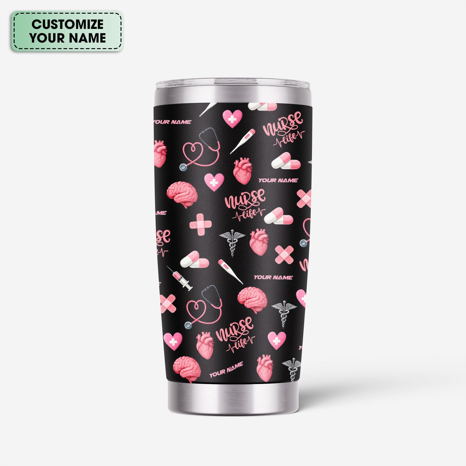 Custom Nurse Tumbler for Women - Nurse Life Design with Brain Heart Pill Graphics - Personalized Gift Idea for RN CNA LPN Healthcare Workers