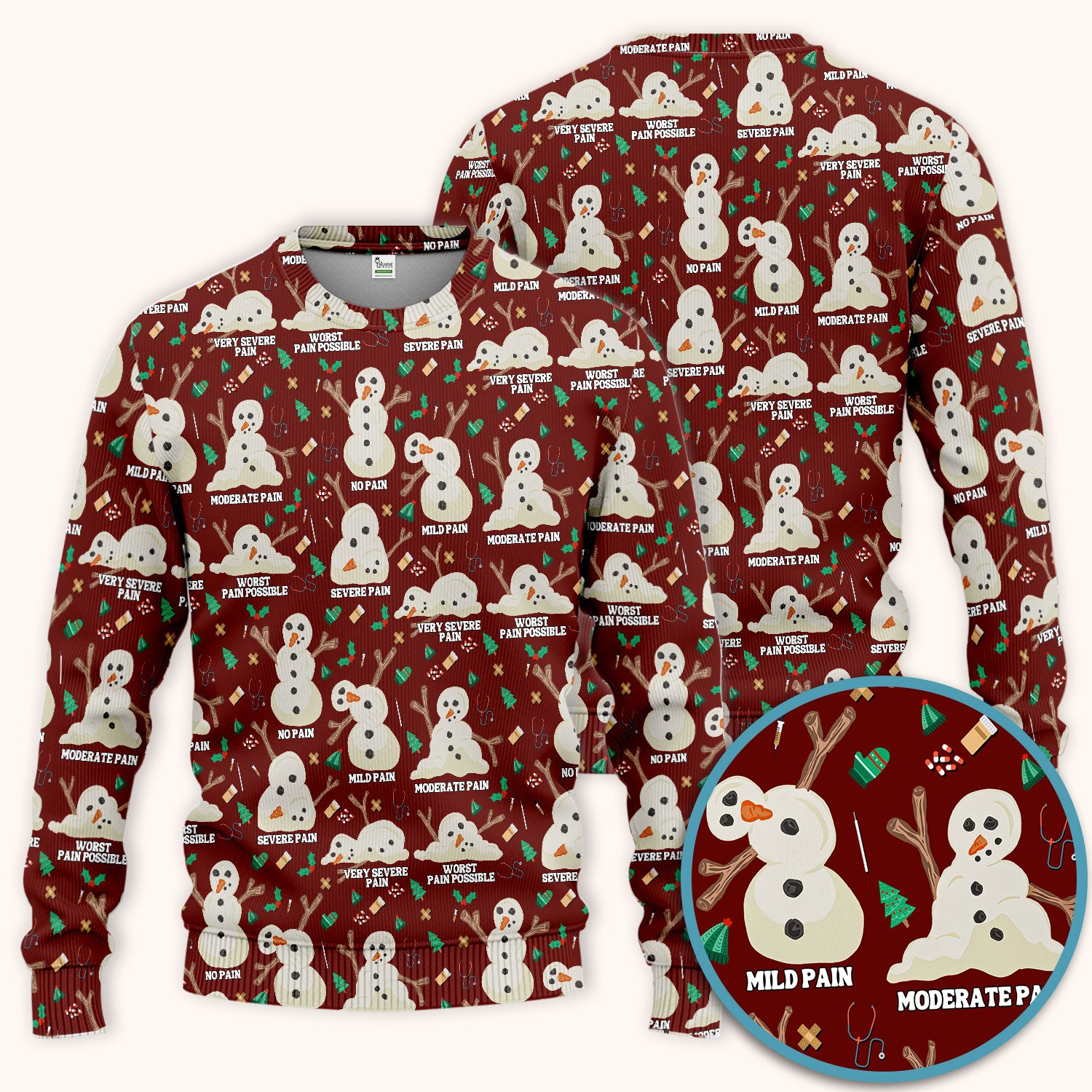 Funny Snowman Pain Scale Scrub Set for Nurse - Christmas Medical Pants and V Neck Top for Women RN LPN CNA