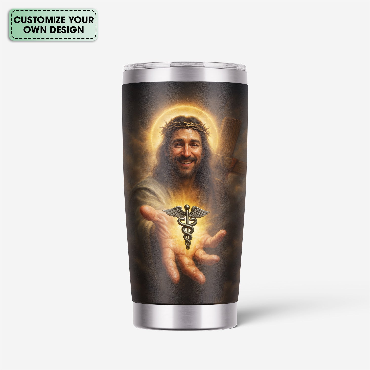 Personalized Religious Nurse Tumbler with Jesus and Caduceus Symbol - Jesus Saves Inspirational Christian Quote - Gift for RN CNA LPN