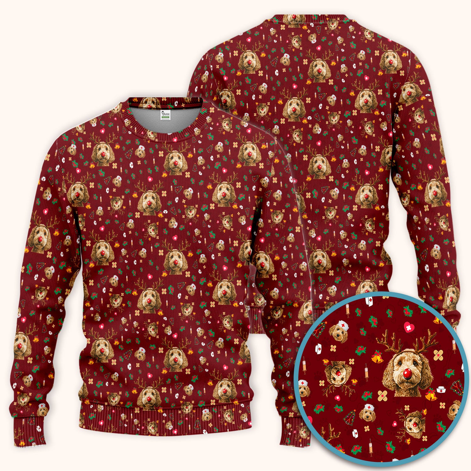 Labradoodle Reindeer Christmas Scrub Set - Funny Dog Nurse Pants and V Neck Top - Cute Holiday Medical Uniform