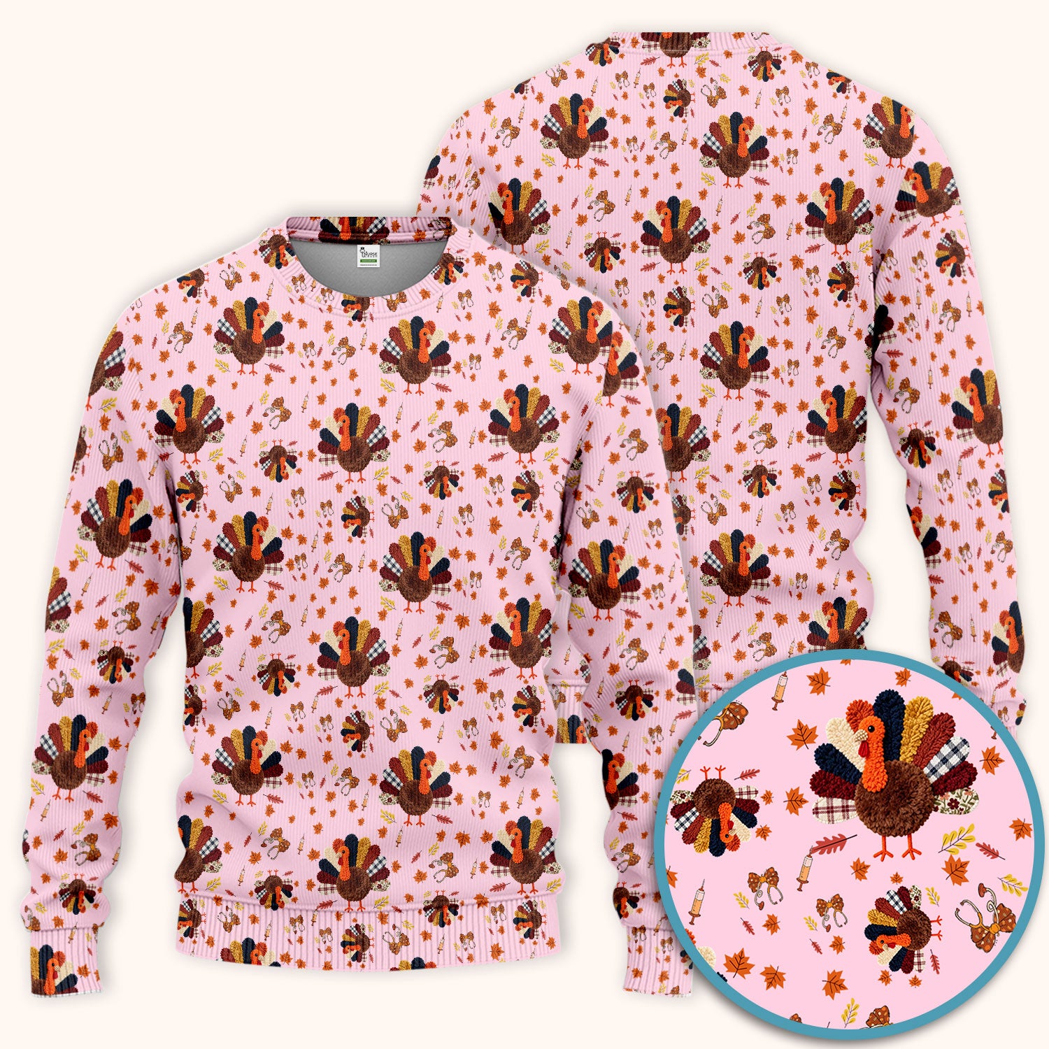 Funny Thanksgiving Nurse Scrub Sets - Fall Leaves and Pumpkin Scrub Pants and V Neck Top - Autumn Turkey Med Uniform