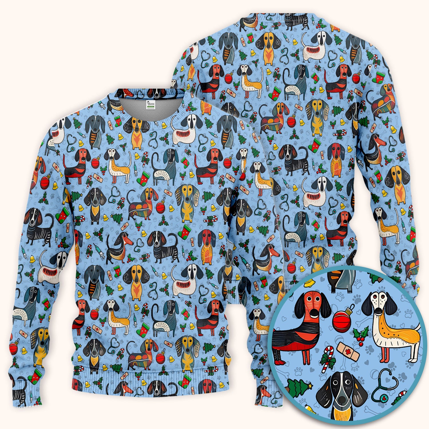 Christmas Wiener Dog Scrub Set - Funny Sausage Dog Pants and V Neck Top - Holiday Medical Uniform
