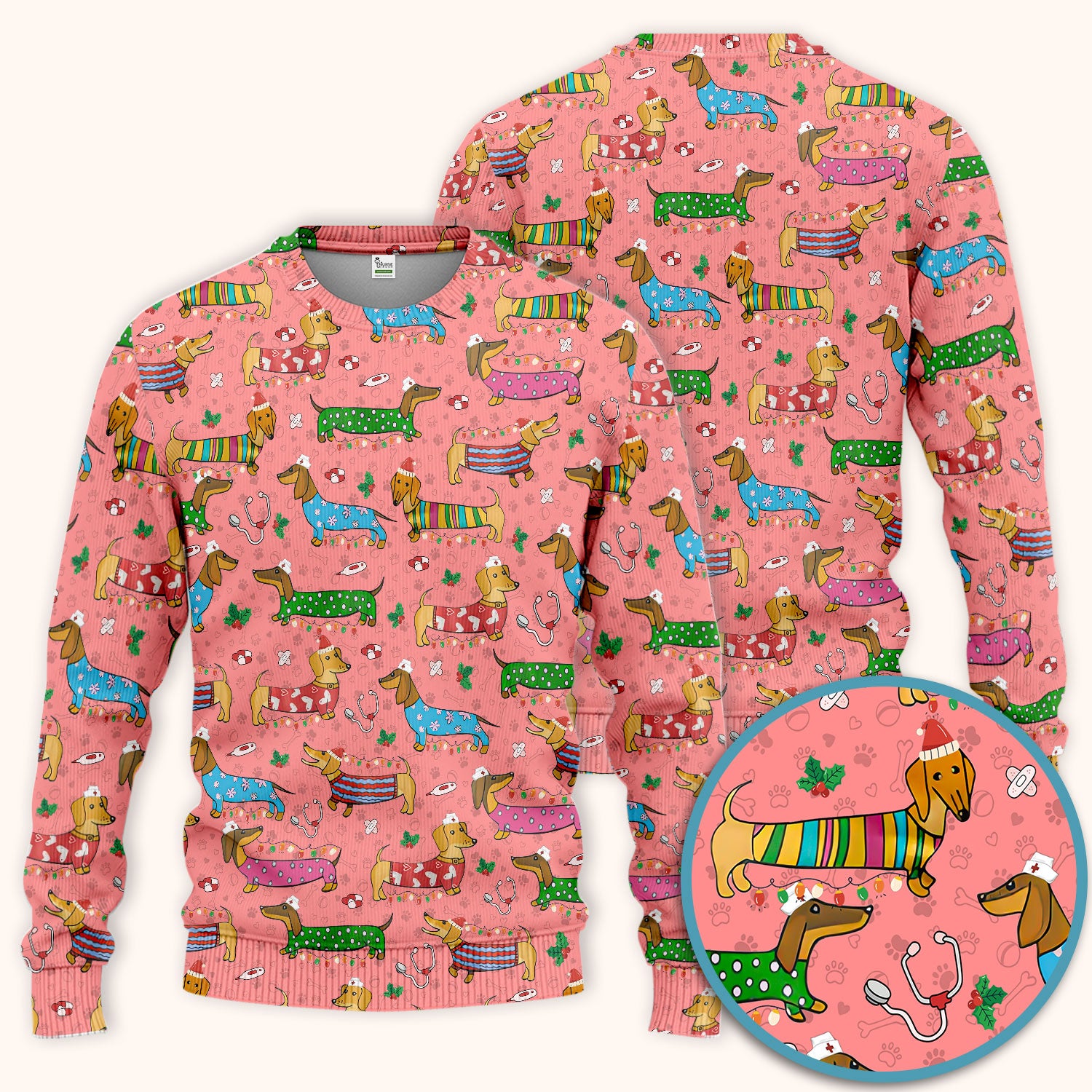 Christmas Scrub Set for Women - Funny Dachshund Scrubs Pants and V Neck Top - Cute Holiday Medical Uniform Gift for RN LPN CNA