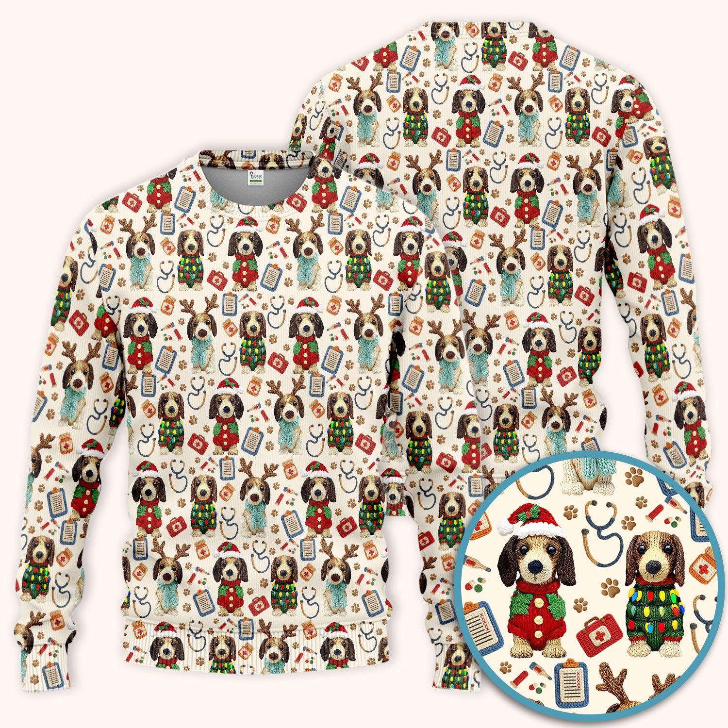 Christmas Wiener Dog Scrubs Set for Women - Cute Dachshund Christmas Scrub Pants and V Neck Top - Puppy Lover Medical Uniform Gift