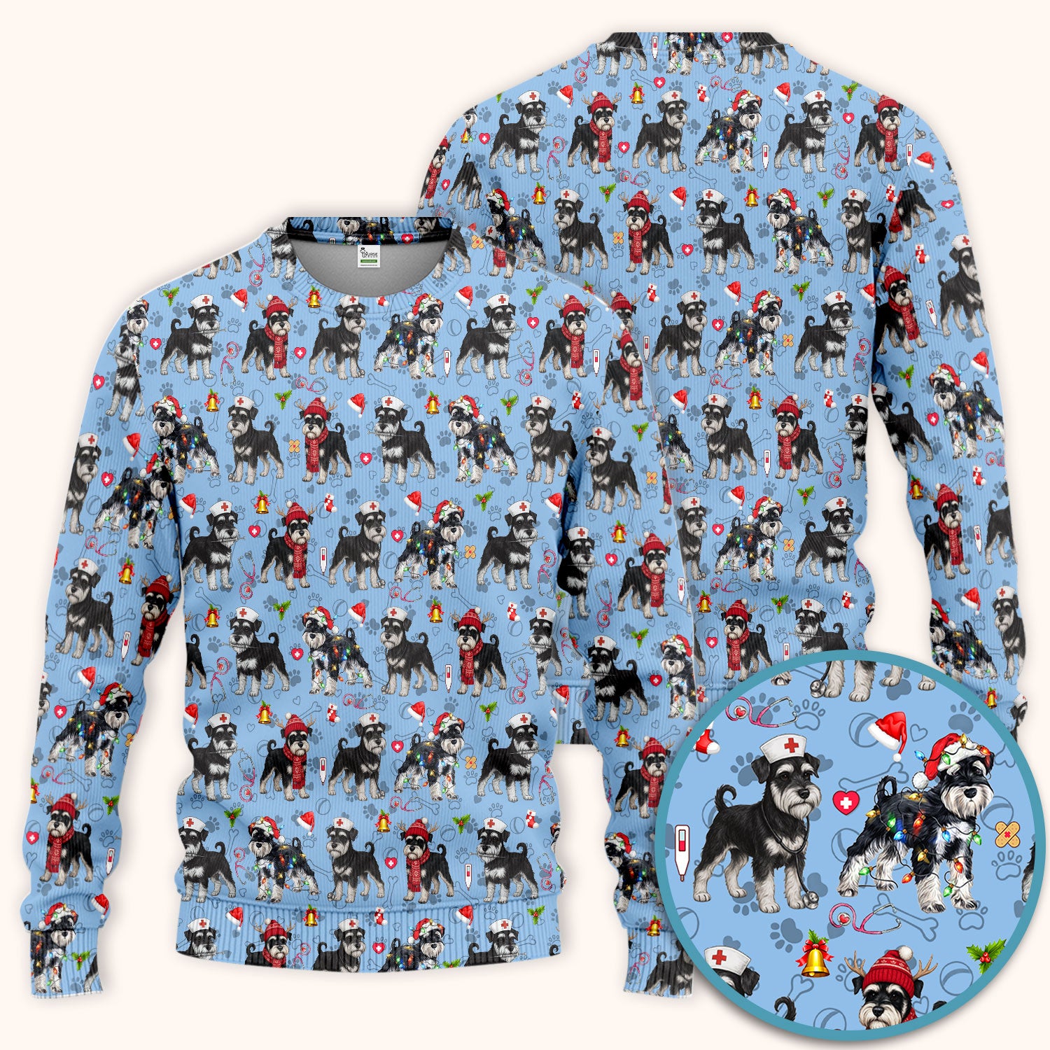 Christmas Schnauzer Scrub Set for Nurses - Cute Dog Holiday Scrubs Pants and V Neck Top - Funny Santa Nursing Medical Shirt for Women