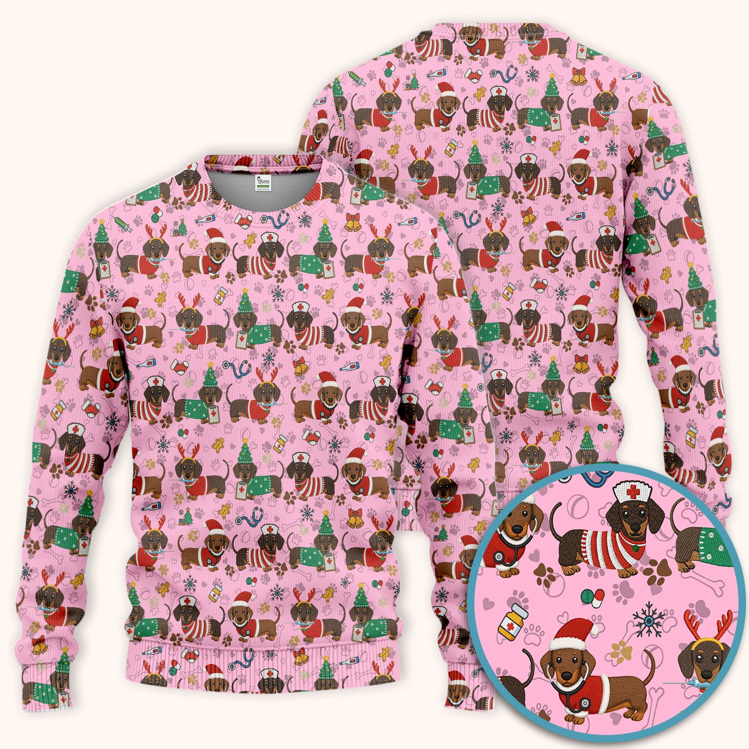 Christmas Dachshund Scrub Set for Nurses - Cute Wiener Dog Scrubs Pants and V Neck Top - Cute Puppy Med Uniform Gift for Women