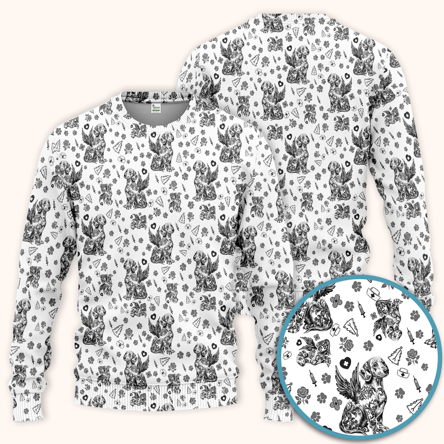Toile de Jouy Dachshund Angel Scrub Set - Blue Vintage Wiener Dog Scrubs Pants and V Neck Top - Memorial Puppy Gift