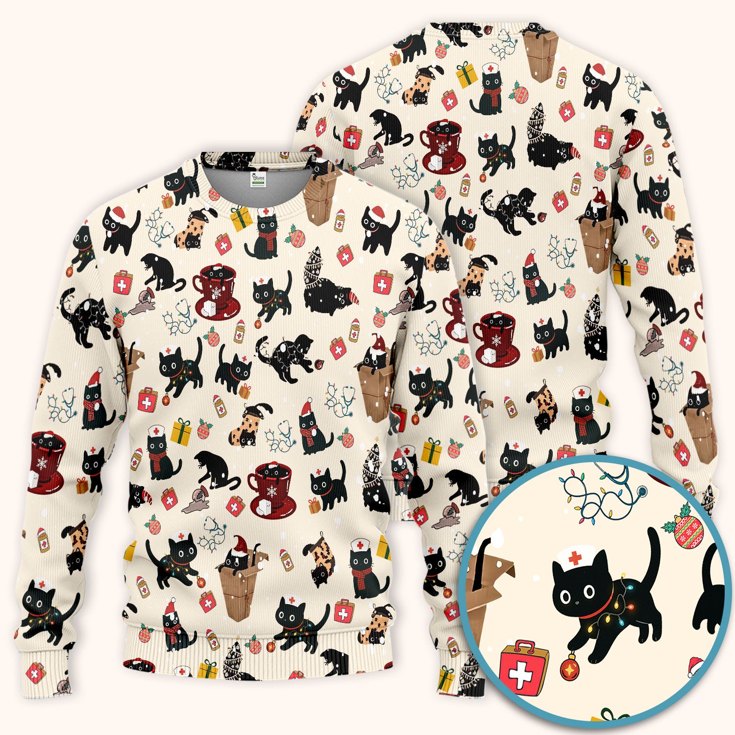 Funny Cat Scrub Sets for Women - Christmas Black Cats Pants and V Neck Top - Breathable Fabrics Nursing Uniform