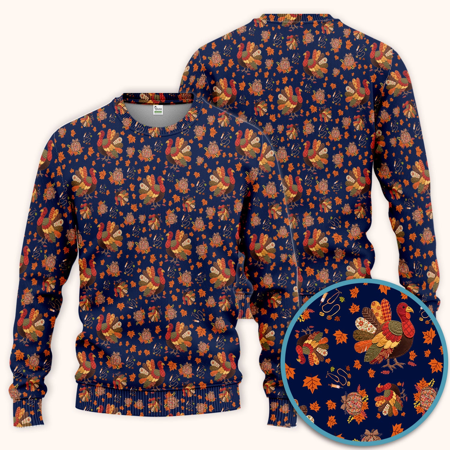 Fall Leaves Thanksgiving Women's Scrub Set - Comfortable Scrub Pants and V Neck Top - Funny Turkey Nursing Uniform