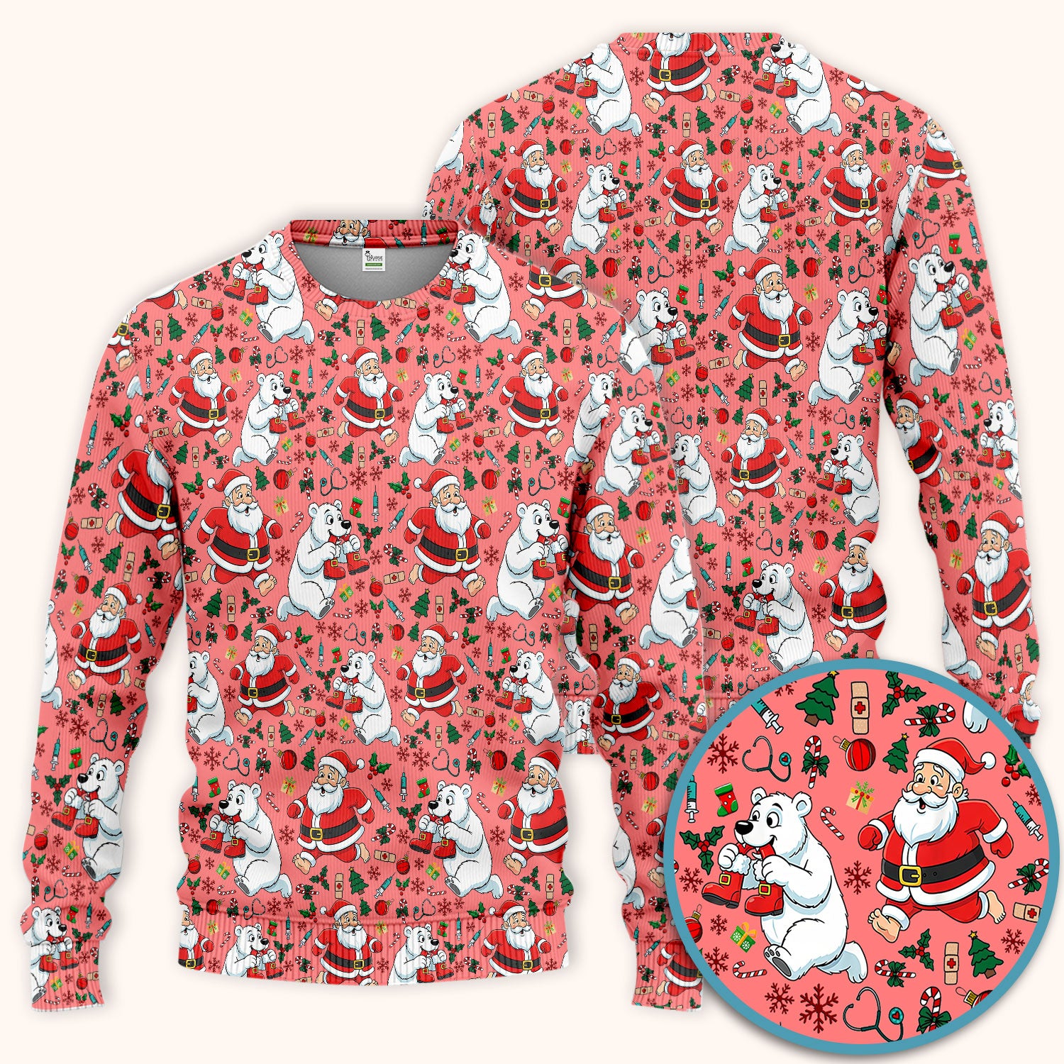 Christmas Santa & Polar Bear Scrub Set - Funny Holiday Nursing Pants and V Neck Top - Cute Winter Medical Uniform