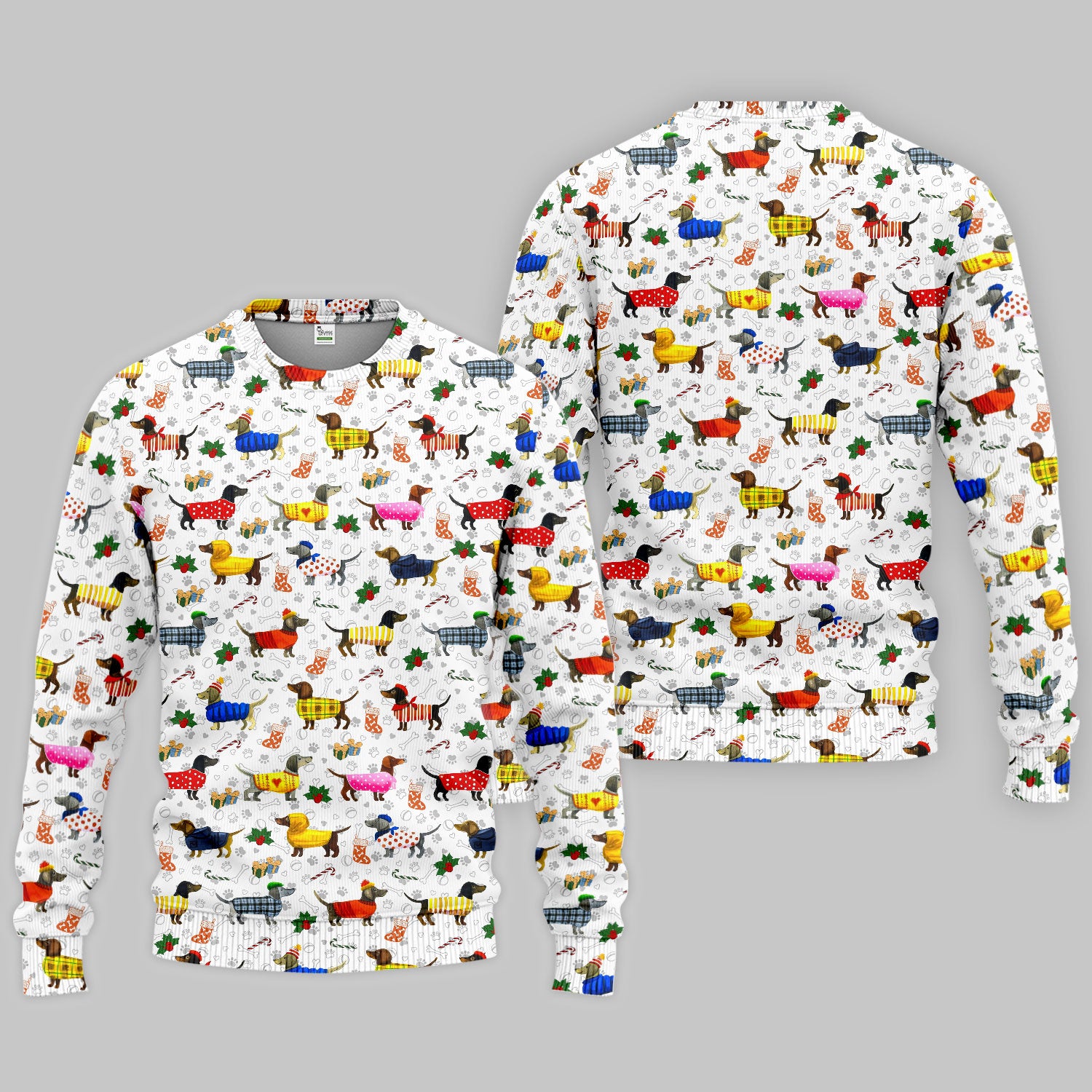 Dachshund Women Scrub Sets - Funny Wiener Dog Paw Prints Nurse Uniform - Comfortable Nursing Pants V Neck Shirt - Holiday Ugly Sweater