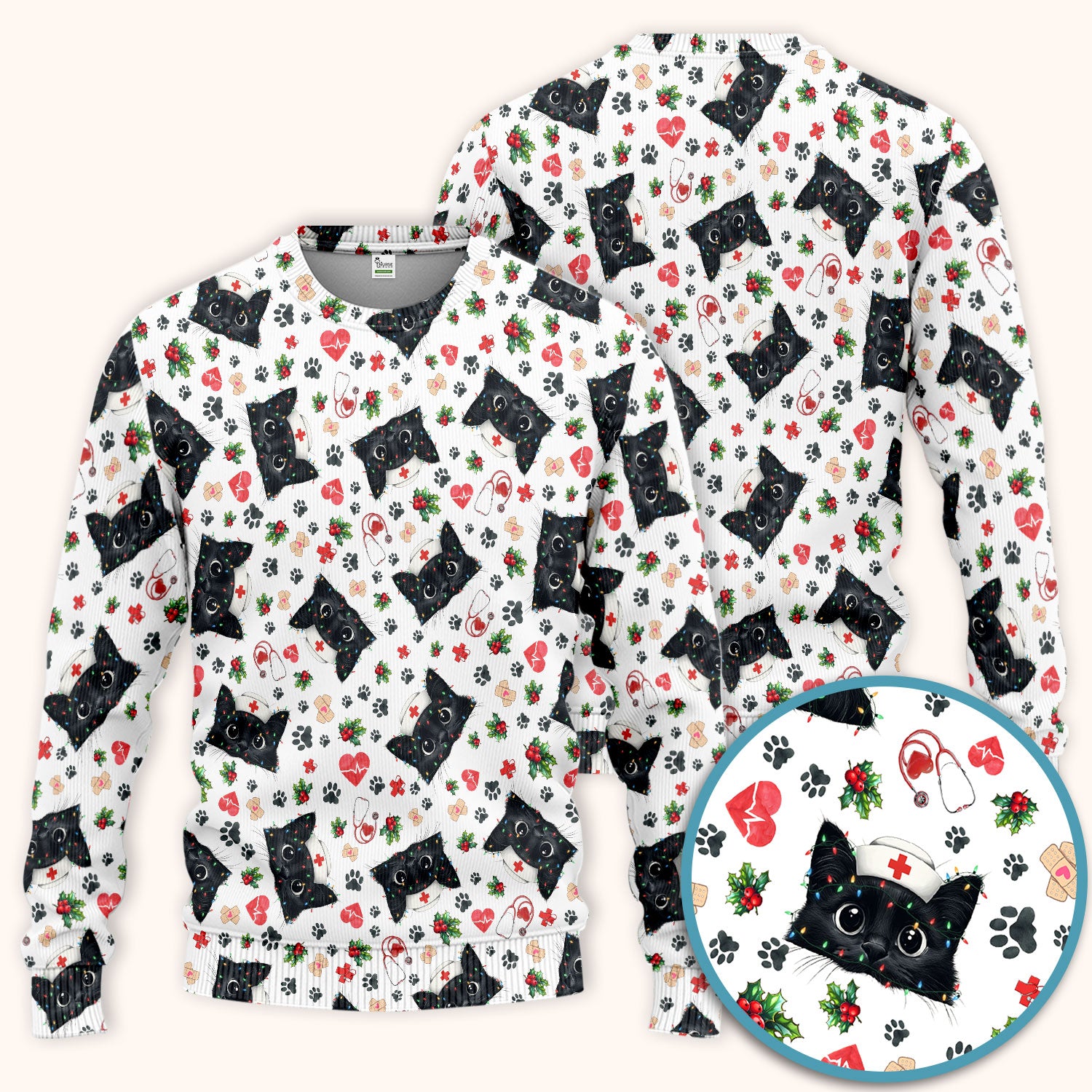 Black Cats Comfortable Scrubs for Nurses - Cute Kittens Christmas Scrubs Pants and V Neck Top - Breathable Med Uniform Gift for Women