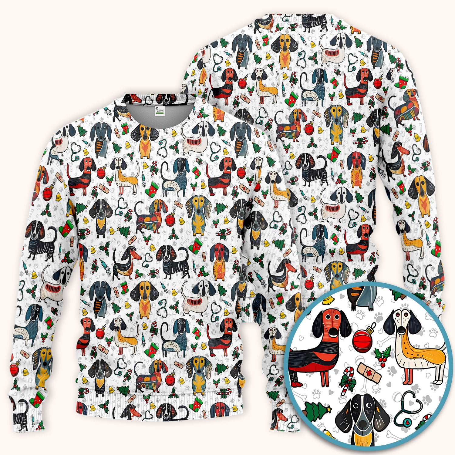 Dachshund Christmas Scrub Set - Cute Wiener Dog Pants and V Neck Top - Holiday Medical Uniform