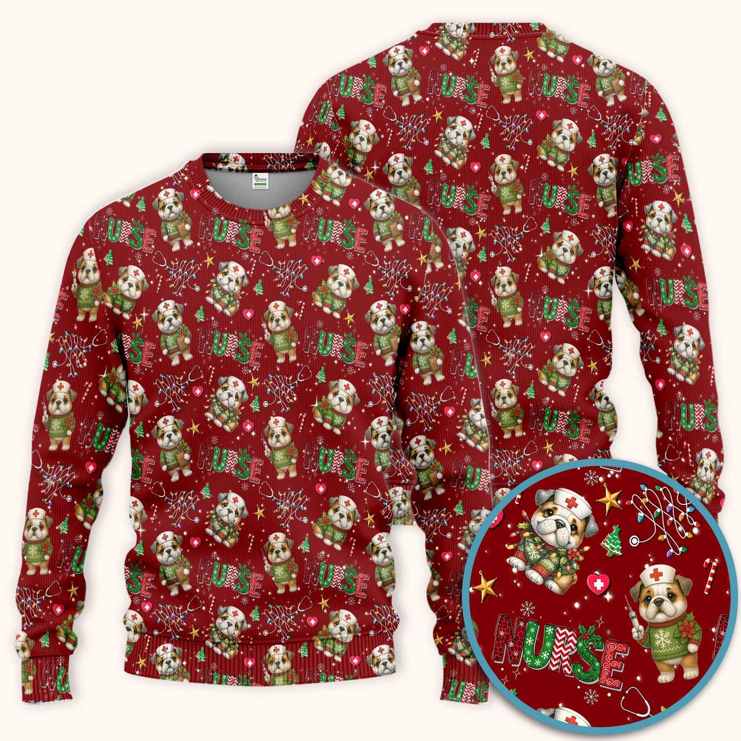 Bulldog Christmas Nurse Scrub Set - Funny Dog Scrubs Pants and V Neck Top - Cute Holiday Medical Uniform