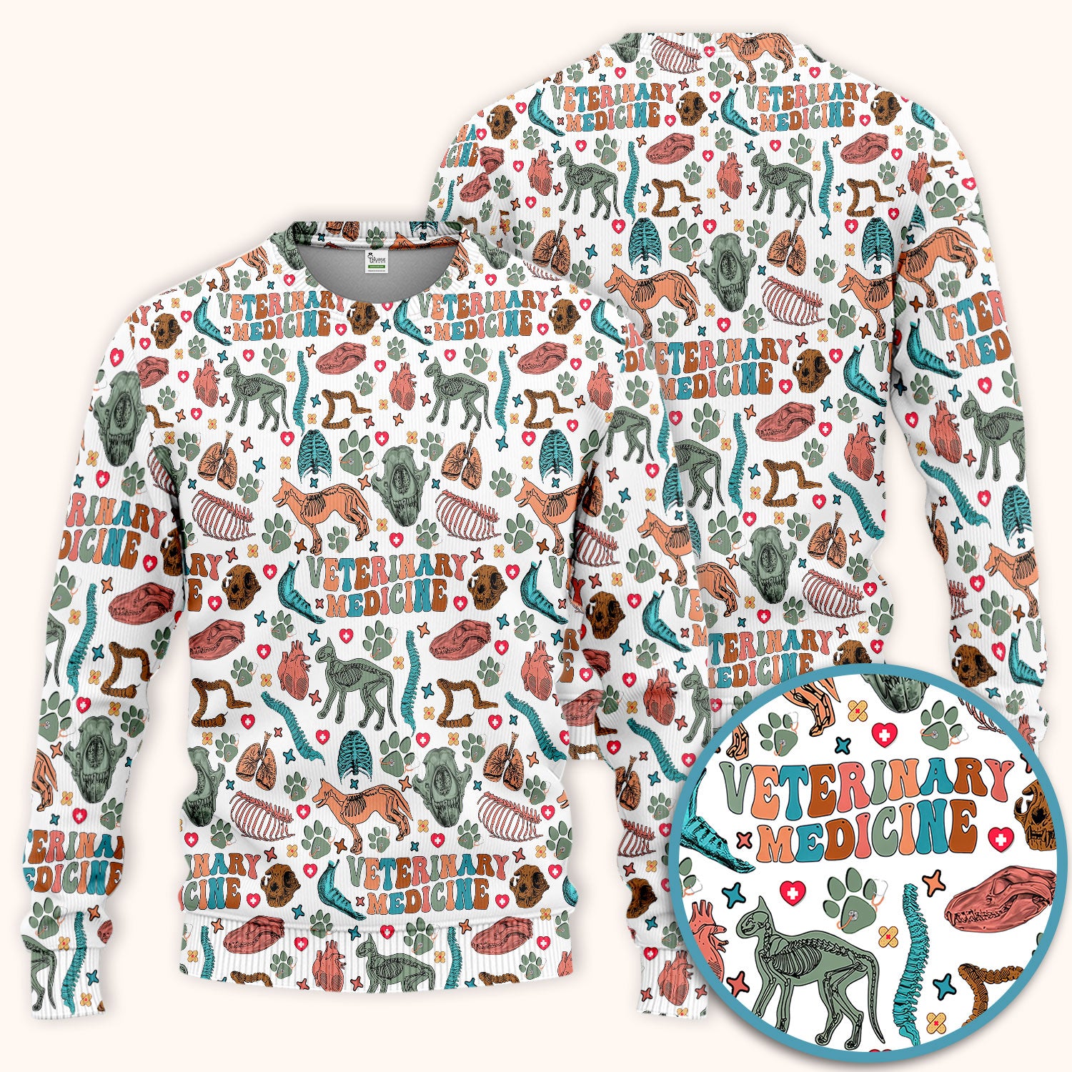 Veterinary Medicine Scrub Set - Cute Animal Anatomy Scrubs Pants and V Neck Top - Fun Vet Tech Nurse Uniform for Women