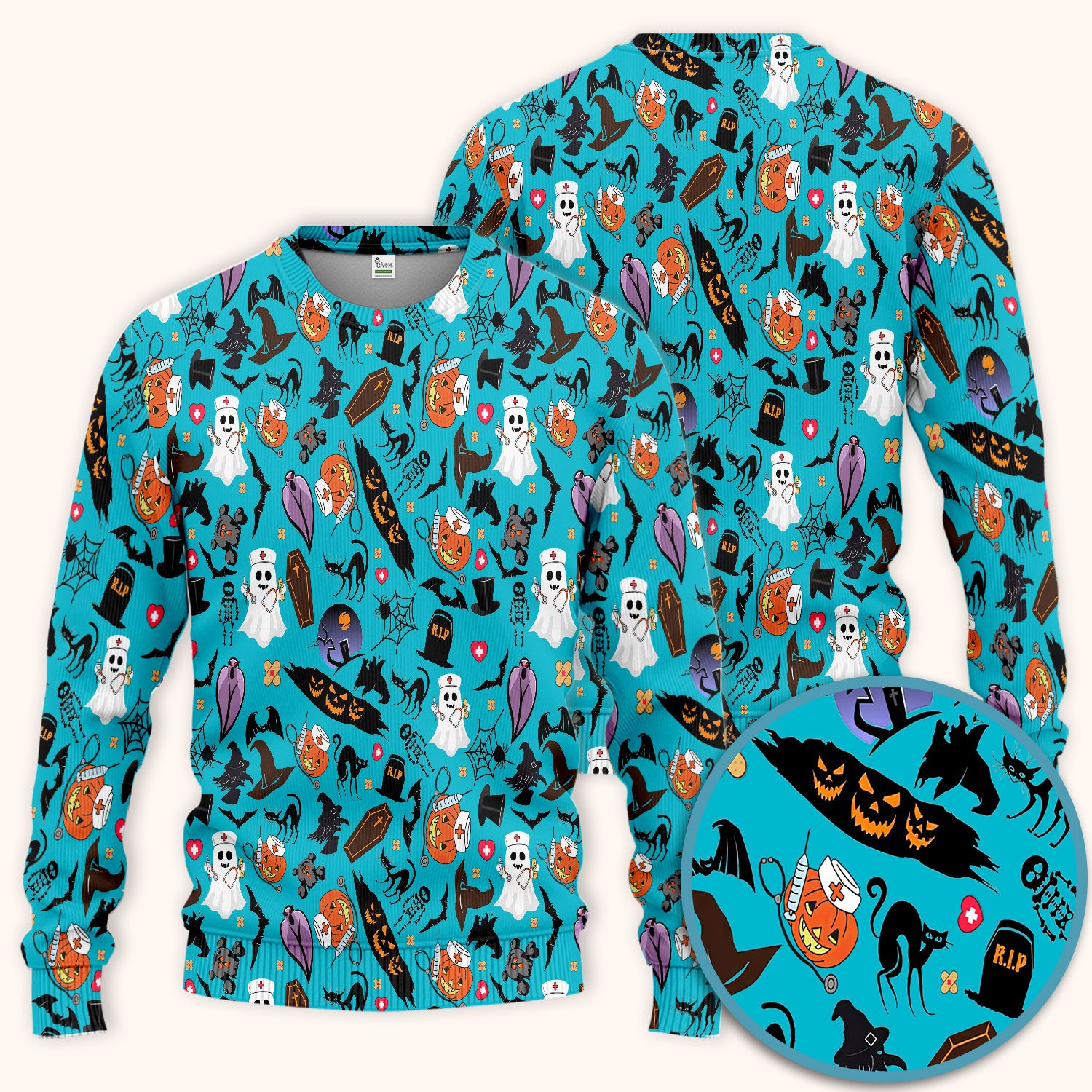 Spooky Halloween Scrub Set - Pumpkin Ghost Bat Nurse Scrubs Pants and V Neck Top - Wicked Witch Medical Uniform for RN CNA LPN