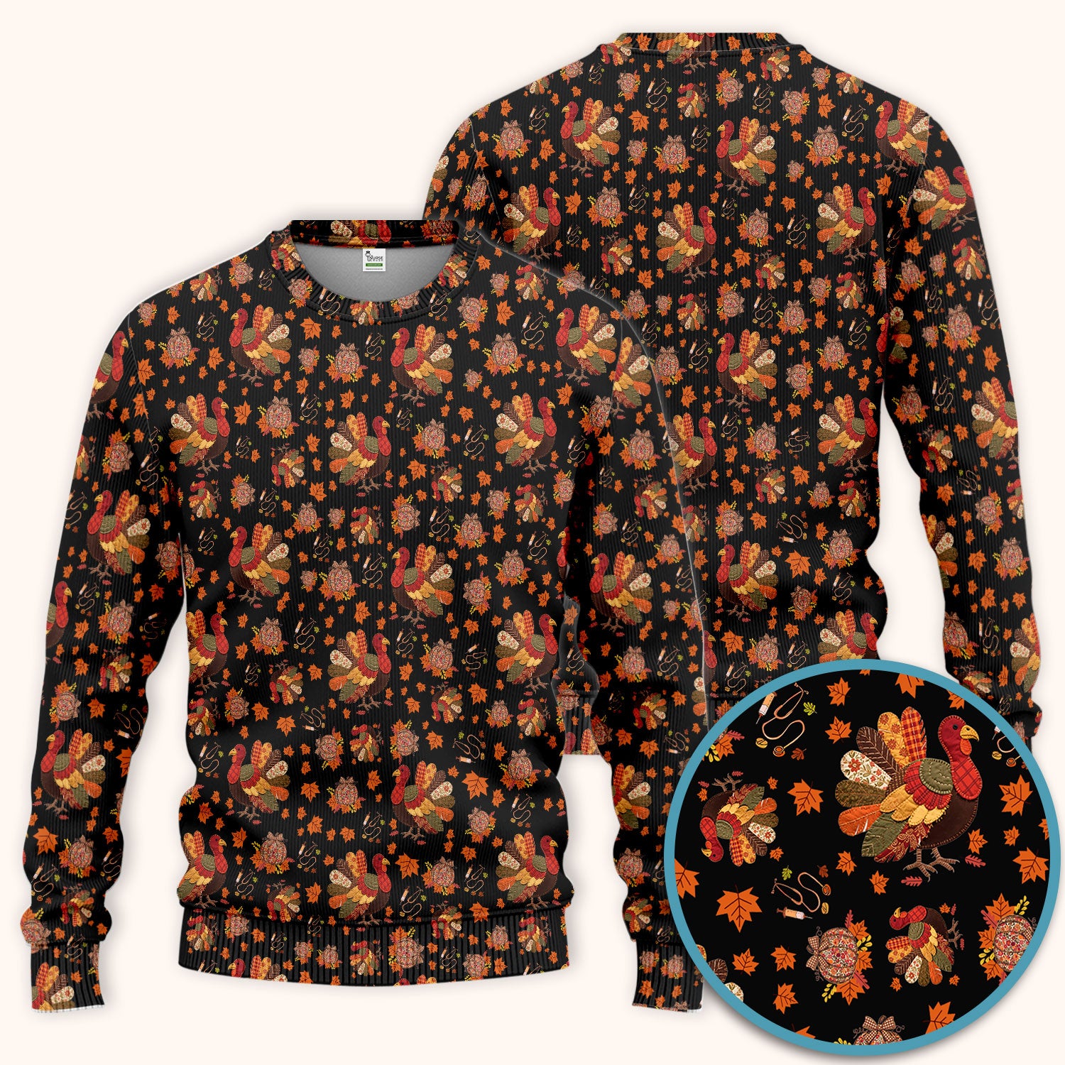 Thanksgiving Turkey Nurse Scrub Sets for Women - Fall Leaves Scrub Pants and V Neck Top - Autumn Nursing Uniform