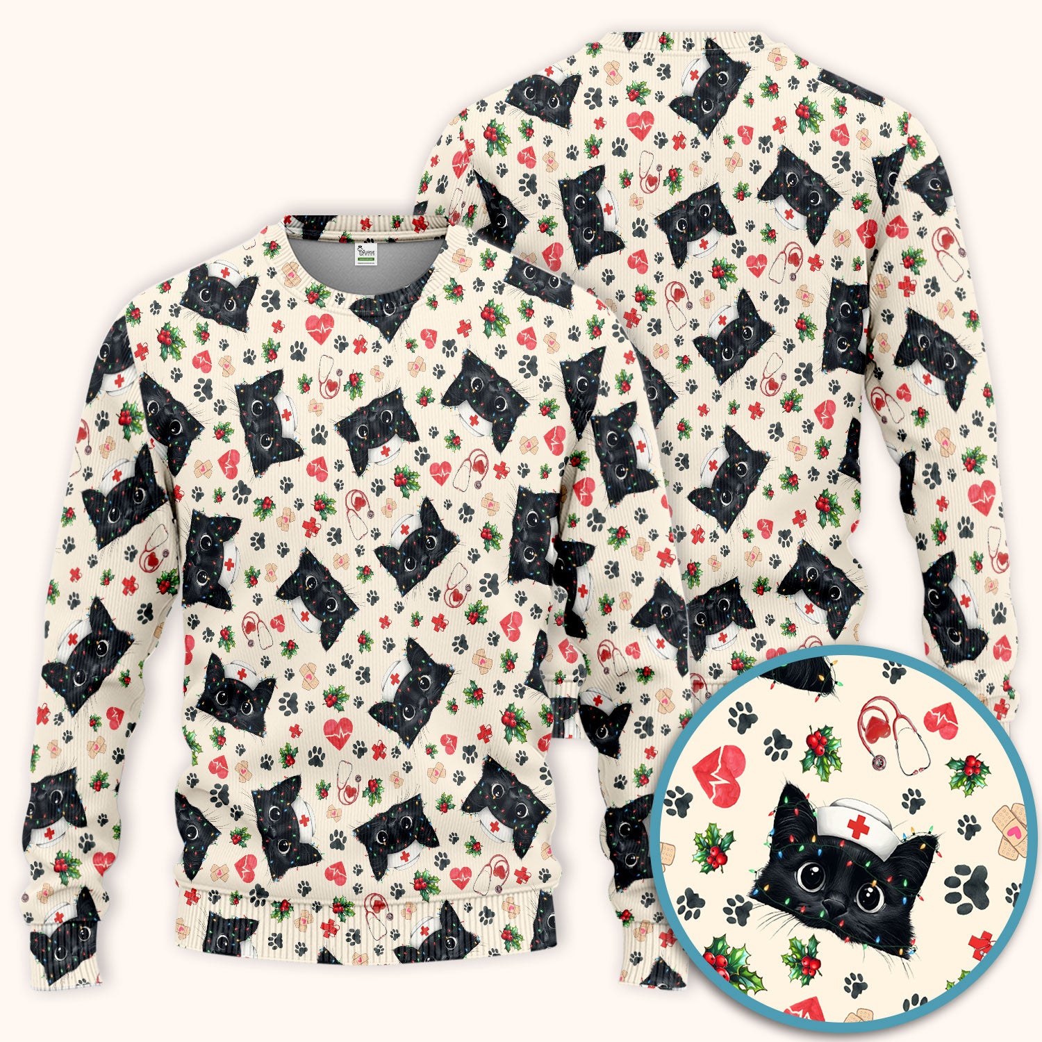 Funny Cats Scrub Set for Nurses - Black Kittens Christmas Scrubs Pants and V Neck Top - Jolly Medical Uniform Gift for RN CNA LPN