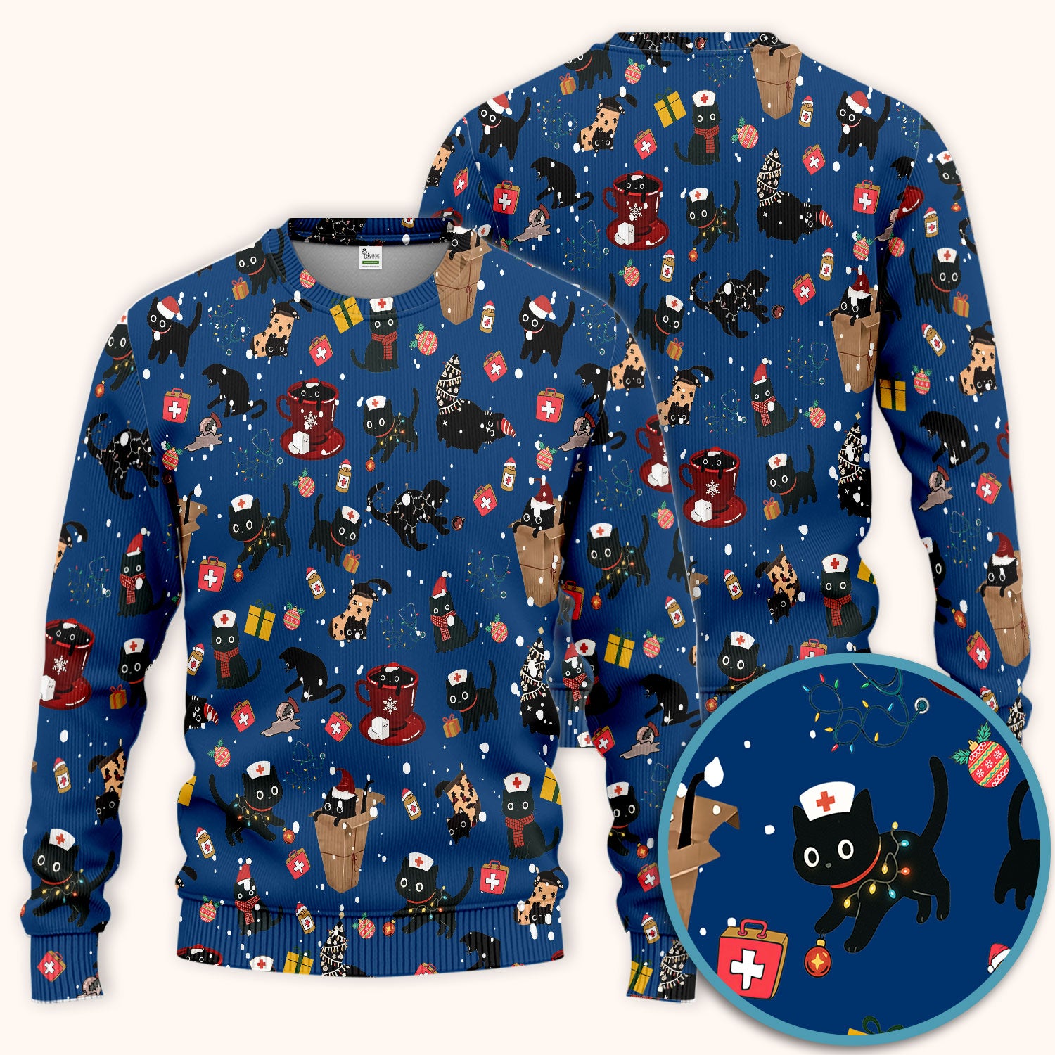 Christmas Cat Scrub Set for Nurse - Funny Black Cats Scrubs Pants and V Neck Top - Cute Holiday Medical Uniform for Women
