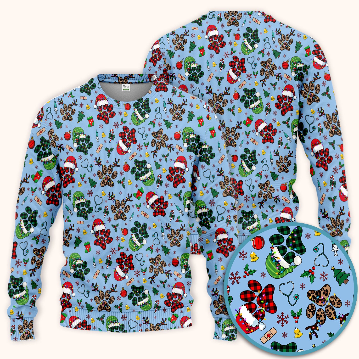 Christmas Paw Print Scrub Set for Nurses - Cute Leopard Holiday Pants and V Neck Top - Funny Pet Medical Uniform Gift